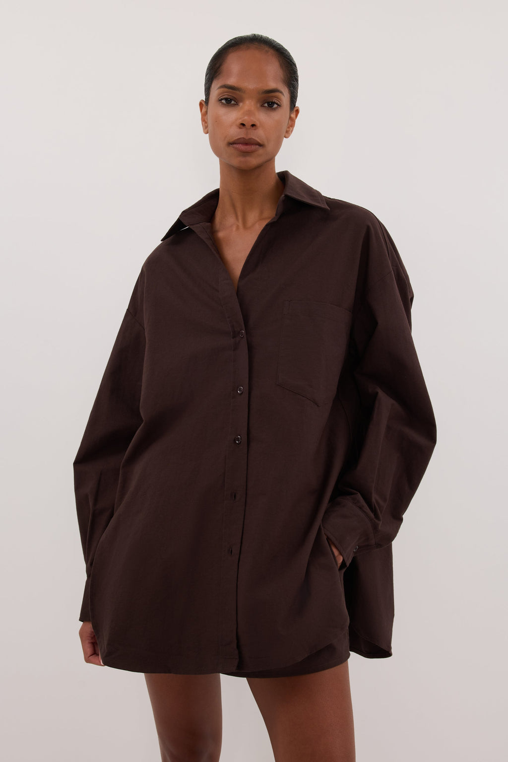 RHEA 2.0 BURNT CHOC OVERSIZED COTTON SHIRT
