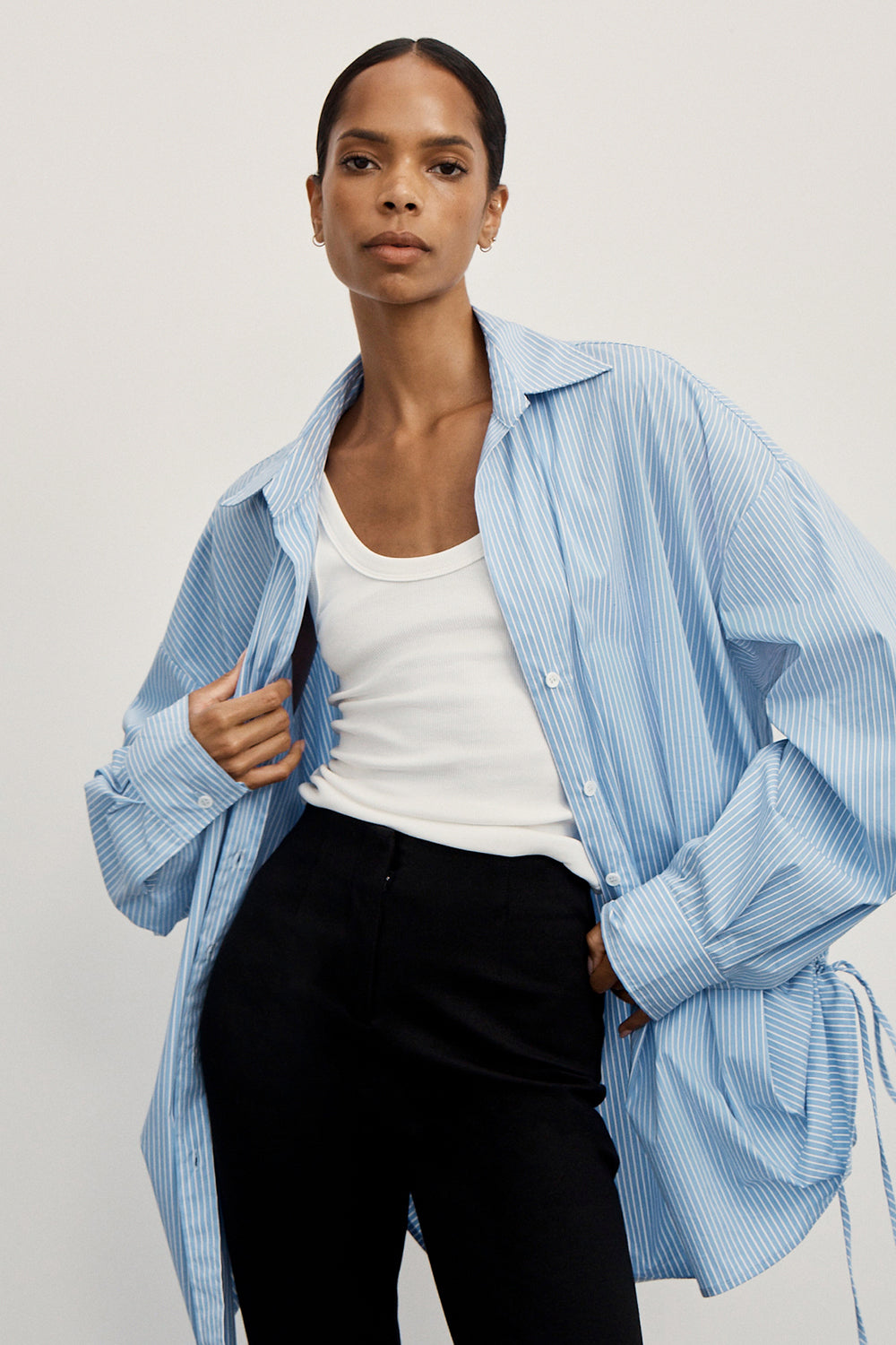MATHILDE BLUE STRIPE SIDE TIE SHIRT