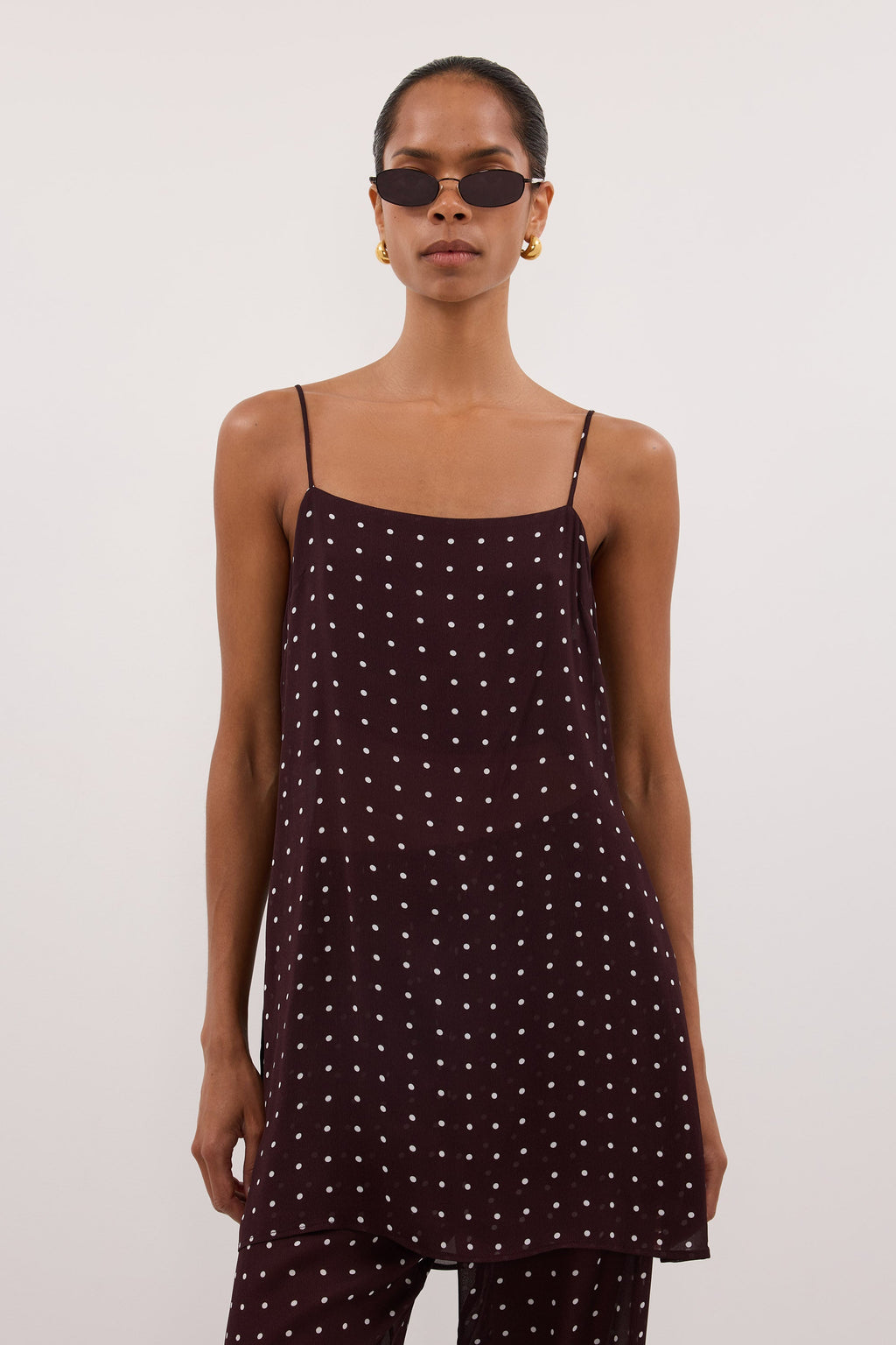 VANESSA BITTER CHOC SLEEVELESS SPOT CAMI TOP