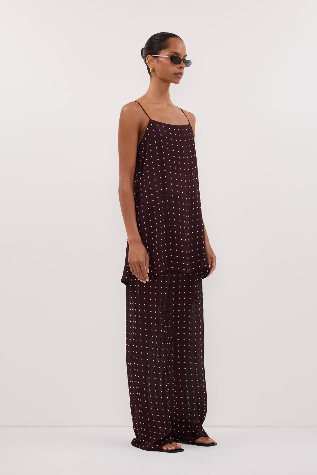 VANESSA BITTER CHOC SLEEVELESS SPOT CAMI TOP