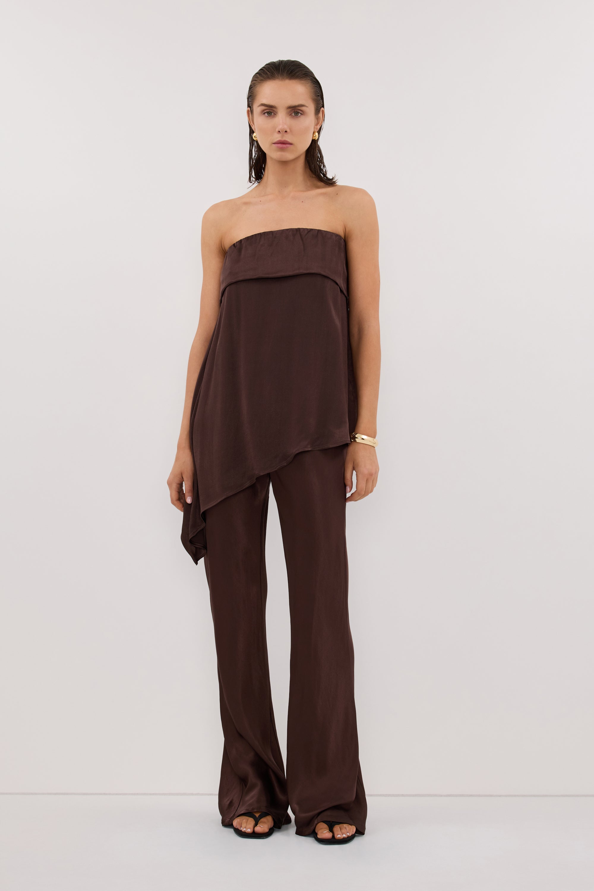 SANDER BITTER CHOC STRAPLESS SATIN TOP