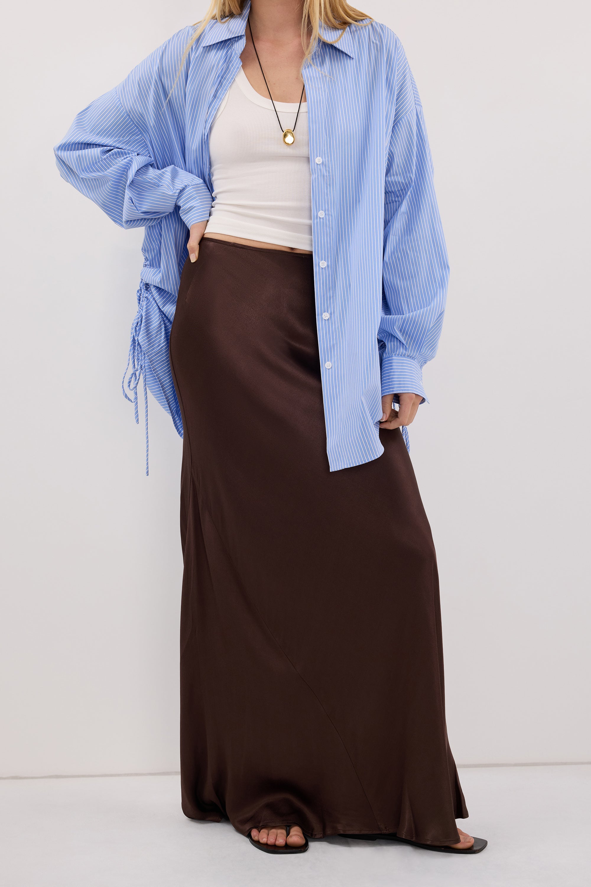 CHARLI BITTER CHOC SATIN MAXI SKIRT