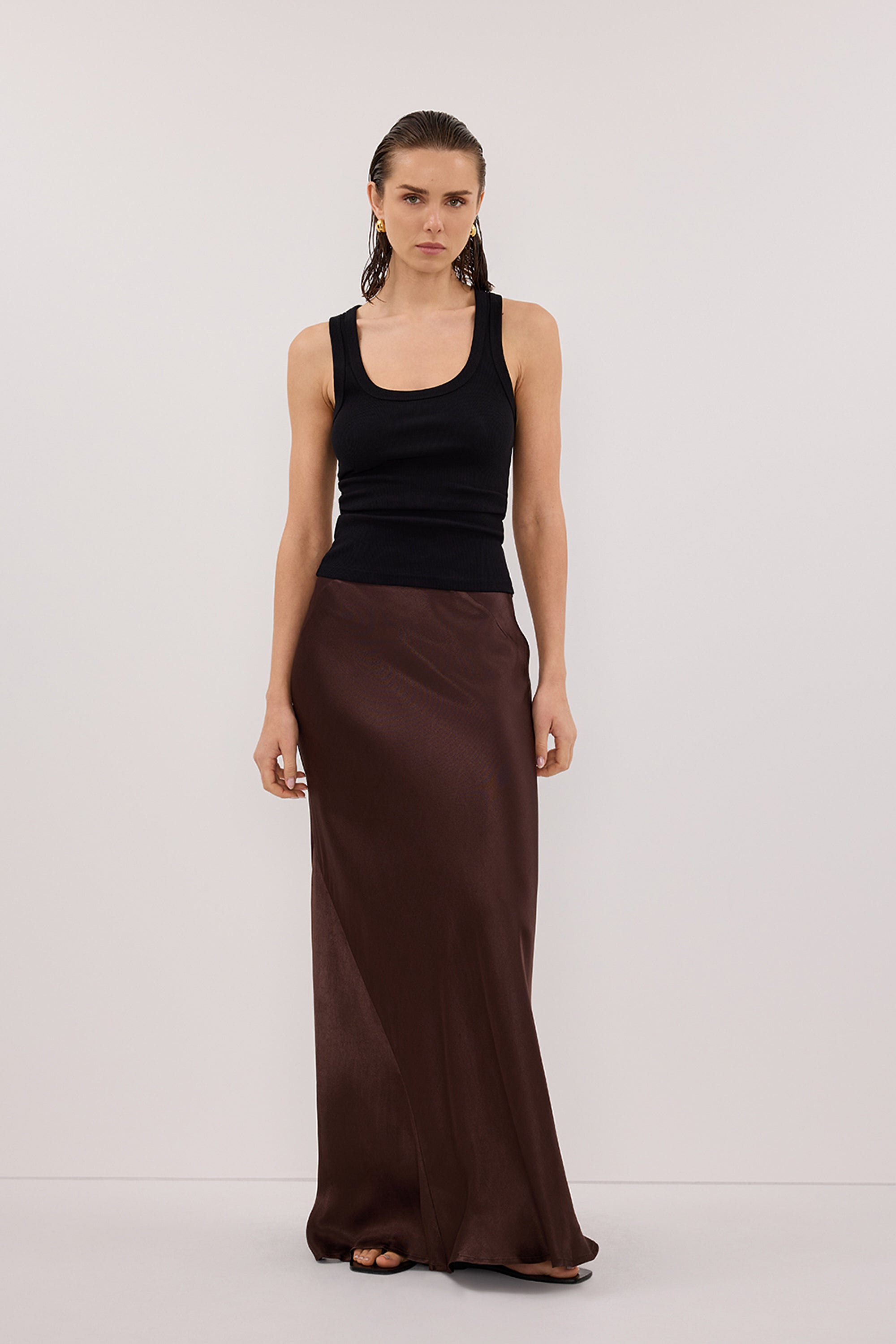 CHARLI BITTER CHOC SATIN MAXI SKIRT