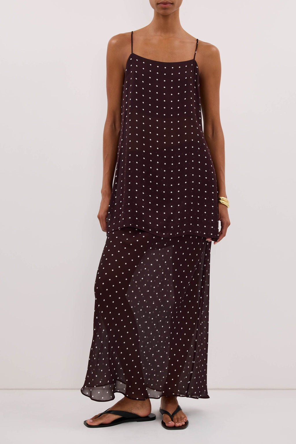 VANESSA BITTER CHOC SHEER SPOT MIDI SKIRT