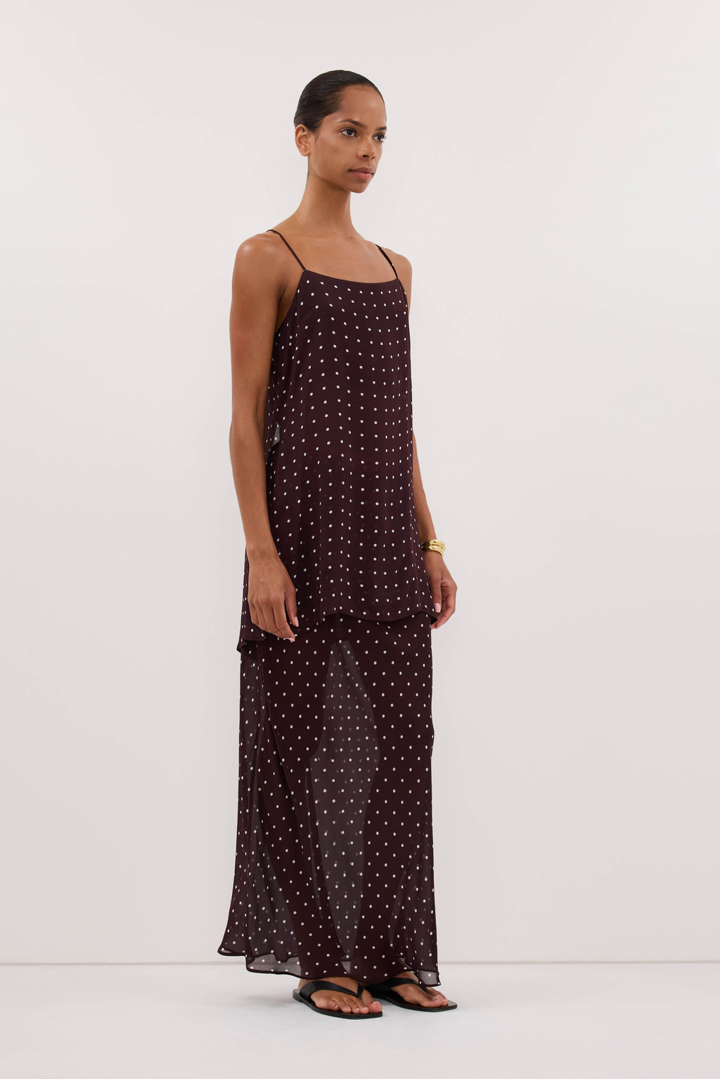 VANESSA BITTER CHOC SHEER SPOT MIDI SKIRT