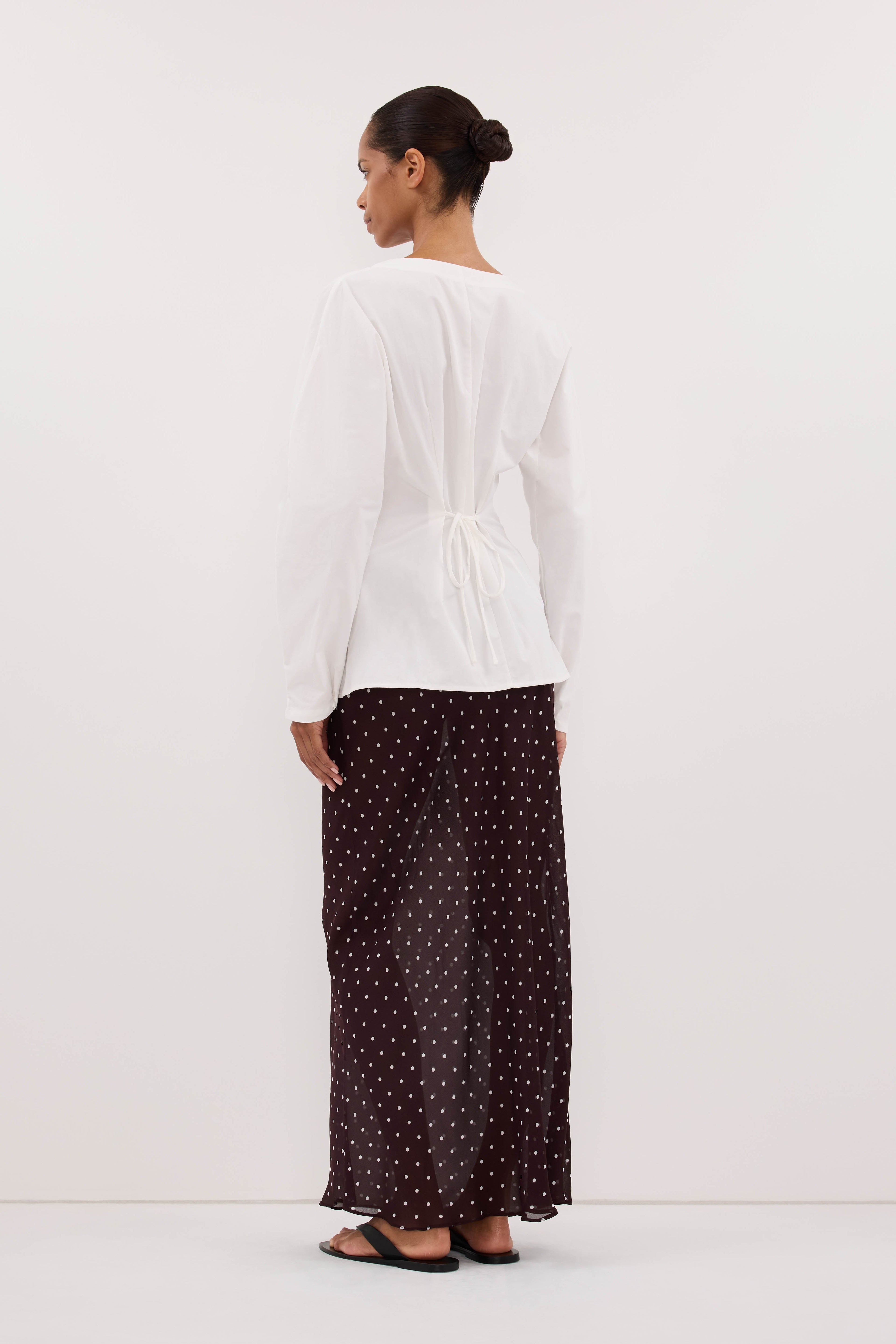 VANESSA BITTER CHOC SHEER SPOT MIDI SKIRT