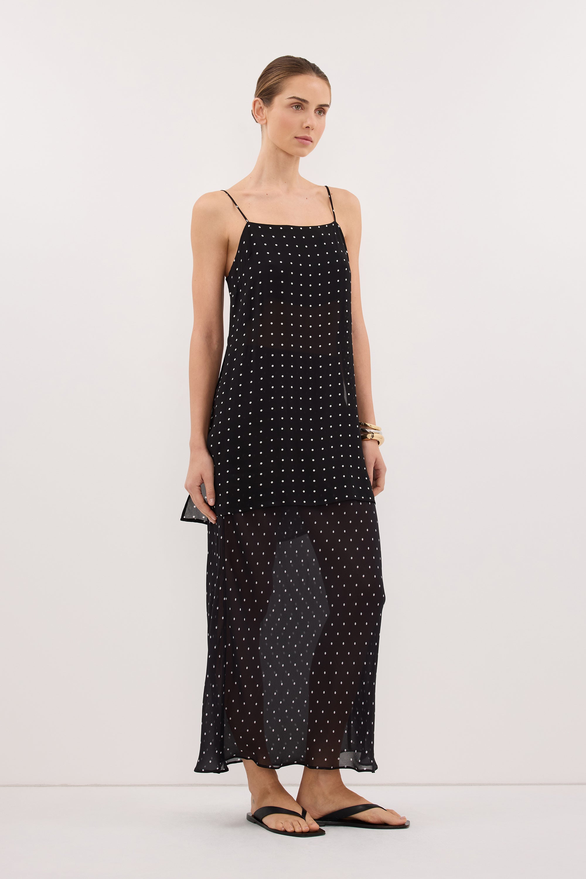 VANESSA BLACK SHEER SPOT MIDI SKIRT