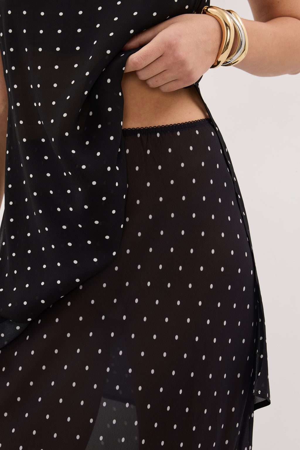 VANESSA BLACK SHEER SPOT MIDI SKIRT