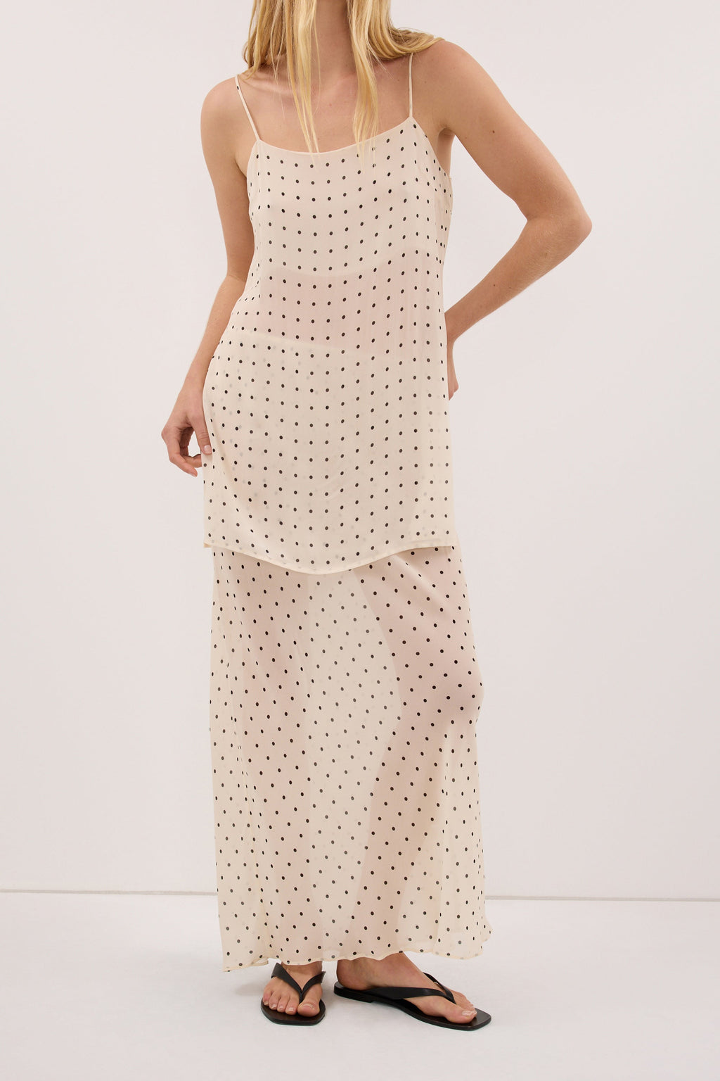 VANESSA SANDSTONE SHEER SPOT MIDI SKIRT