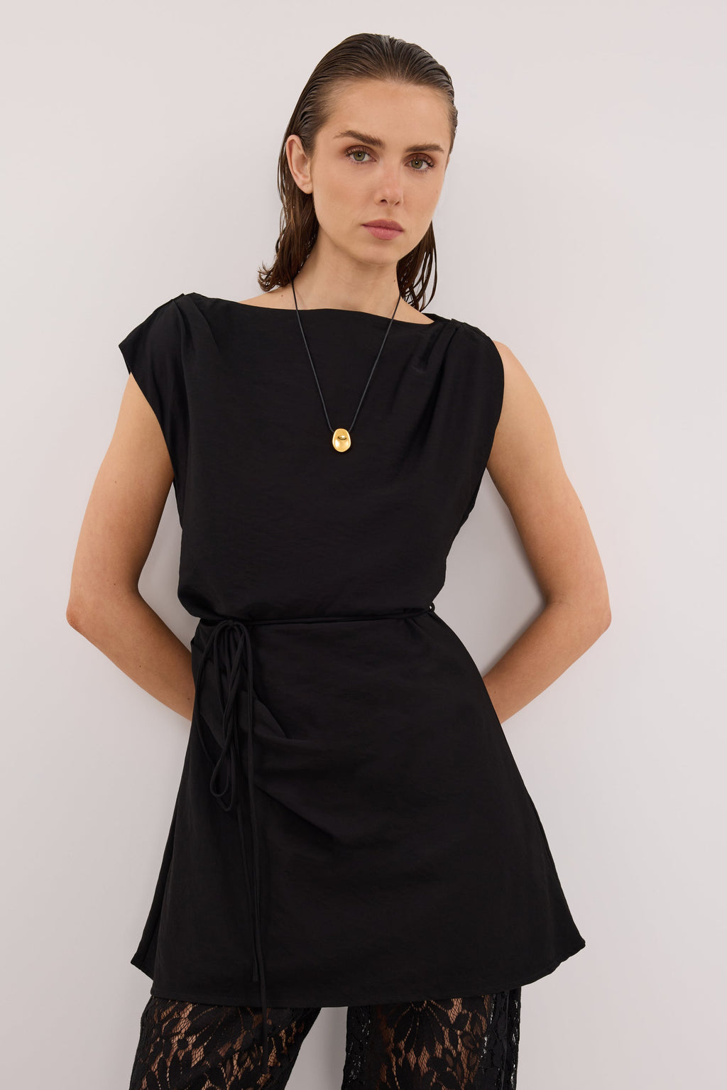 MARMO BLACK DRAPED MINI DRESS