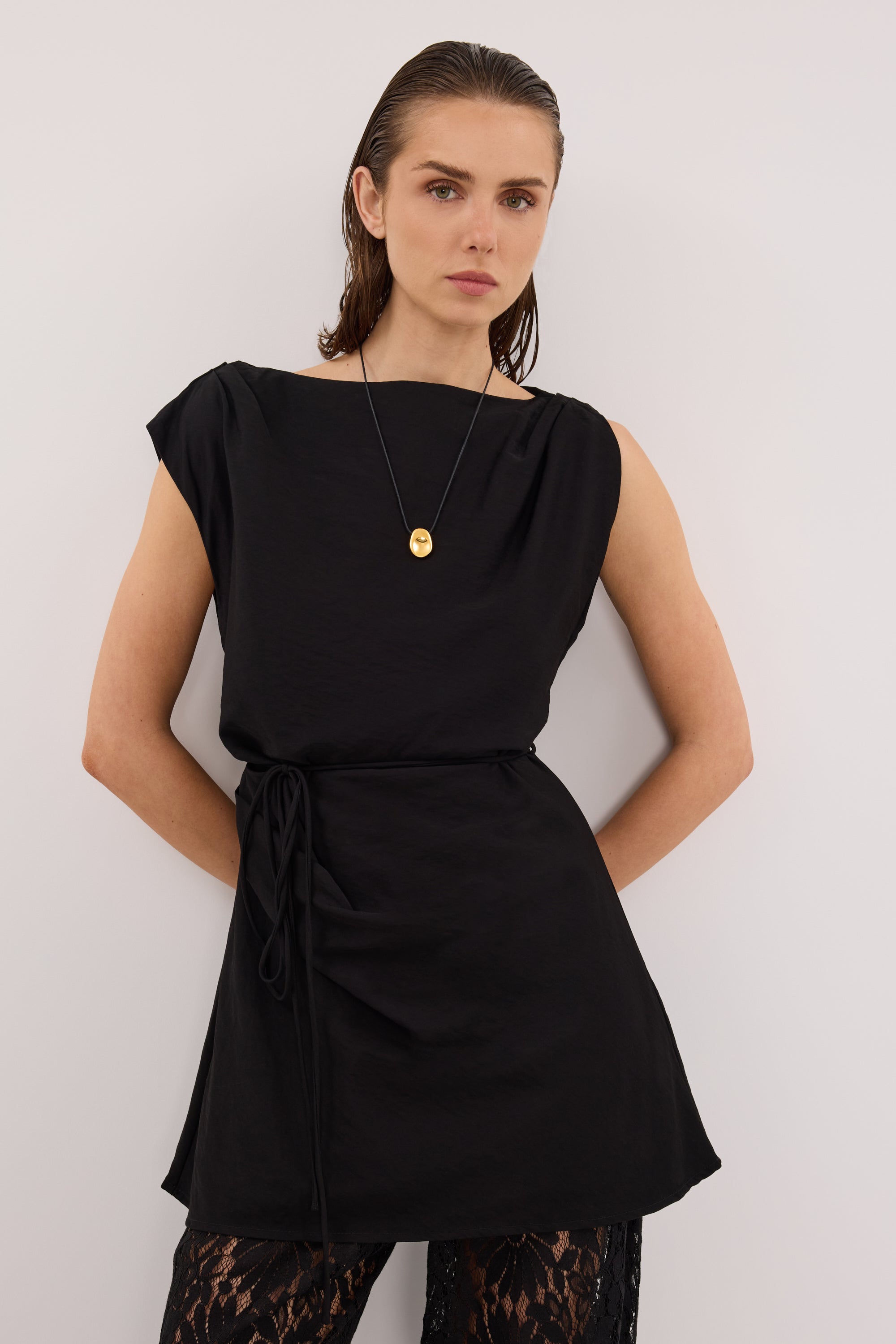 MARMO BLACK DRAPED MINI DRESS