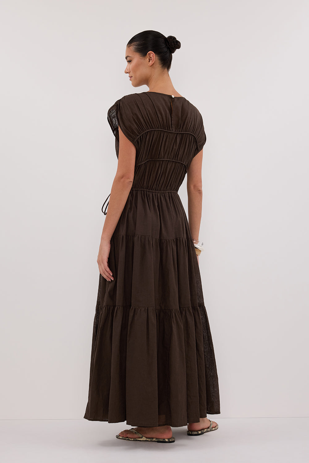 FLYNN BITTER CHOC LINEN BLEND MIDI DRESS