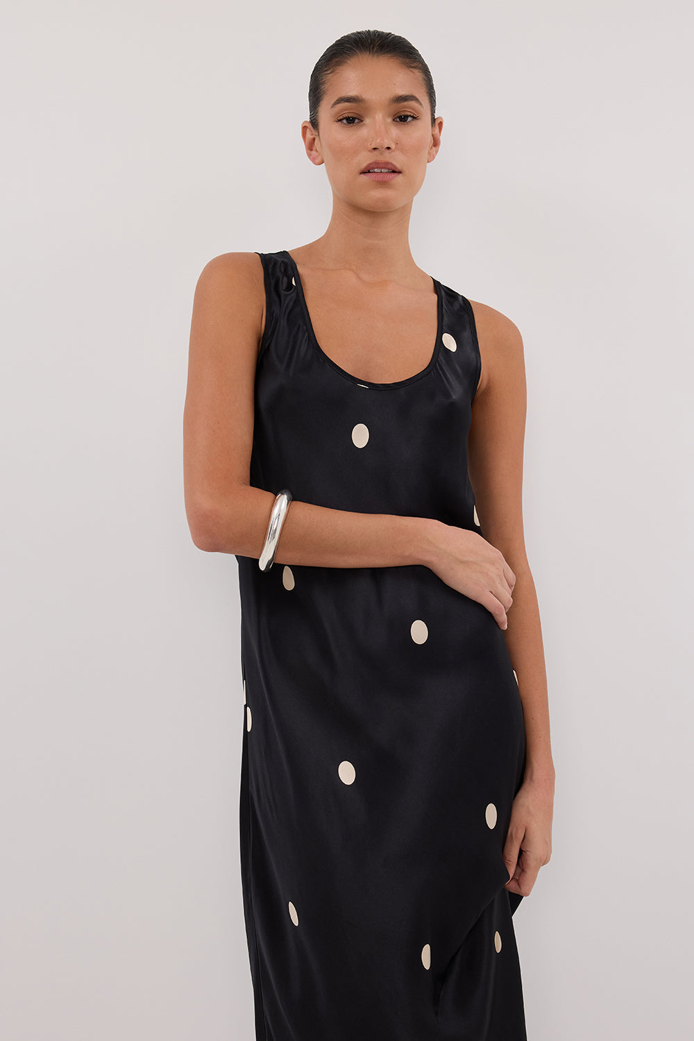 LAURA BLACK SPOT SILK MAXI DRESS