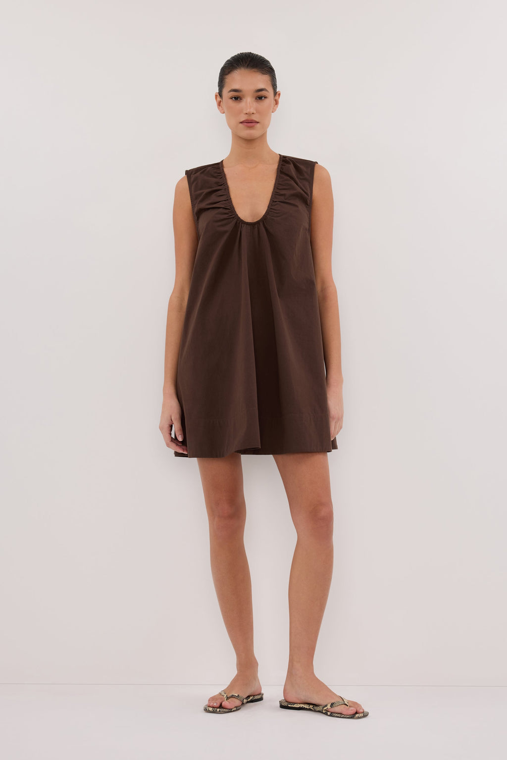 GABBY BITTER CHOC OVERSIZED COTTON MINI DRESS
