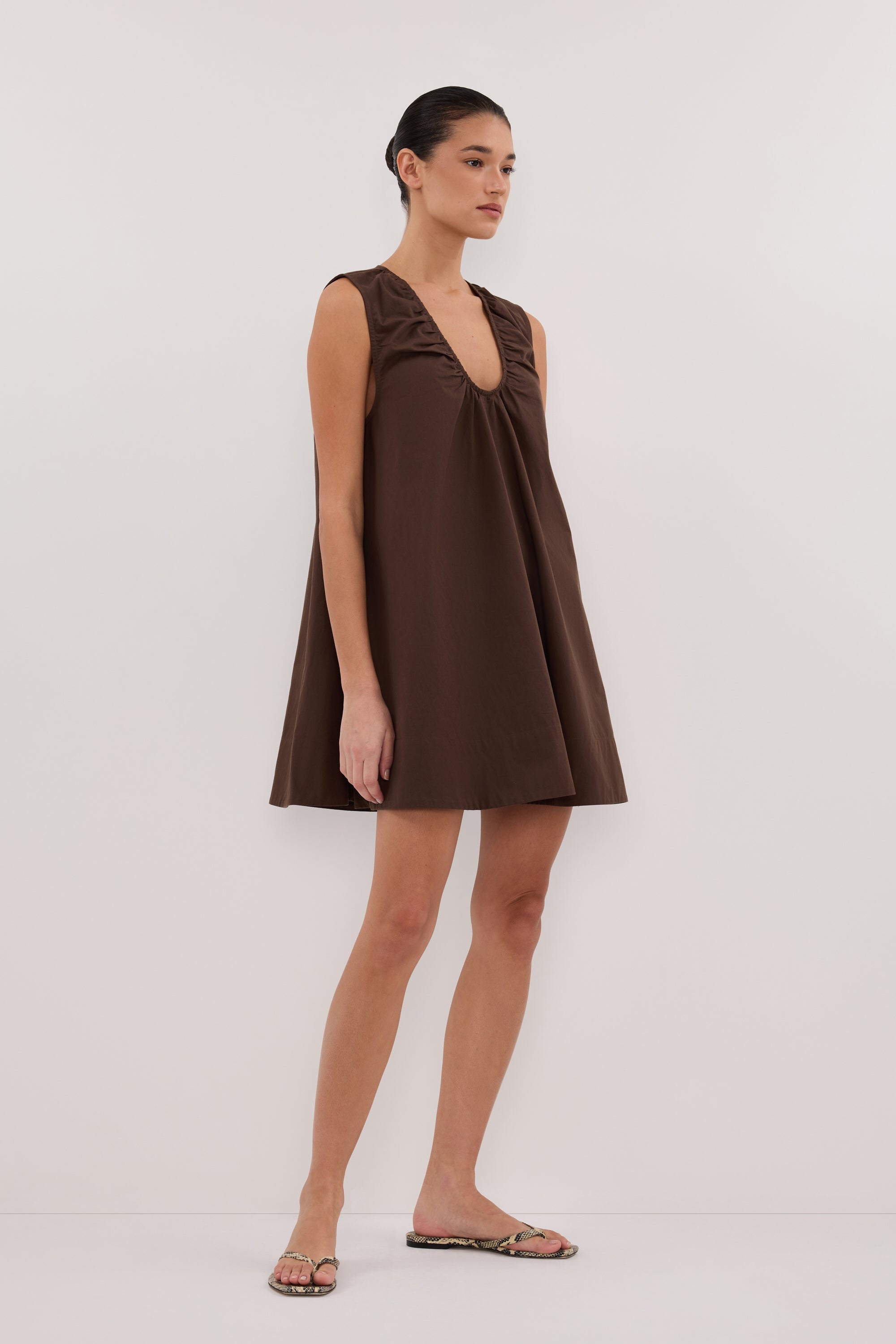 GABBY BITTER CHOC OVERSIZED COTTON MINI DRESS