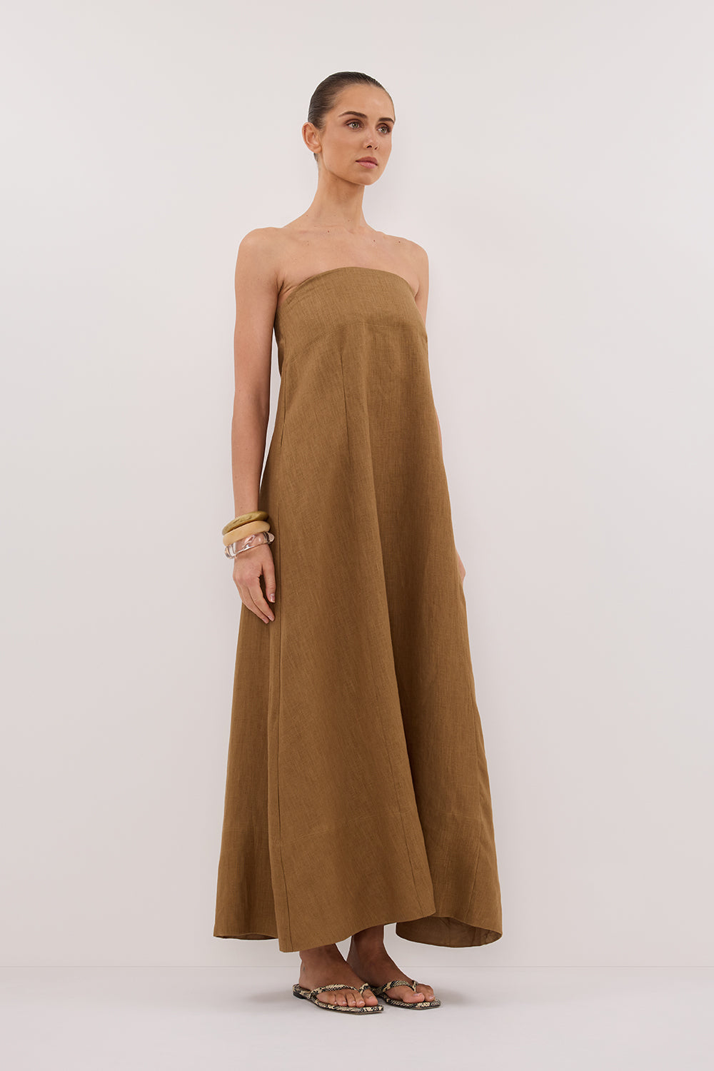 KINSLEY FERN LINEN STRAPLESS MIDI DRESS
