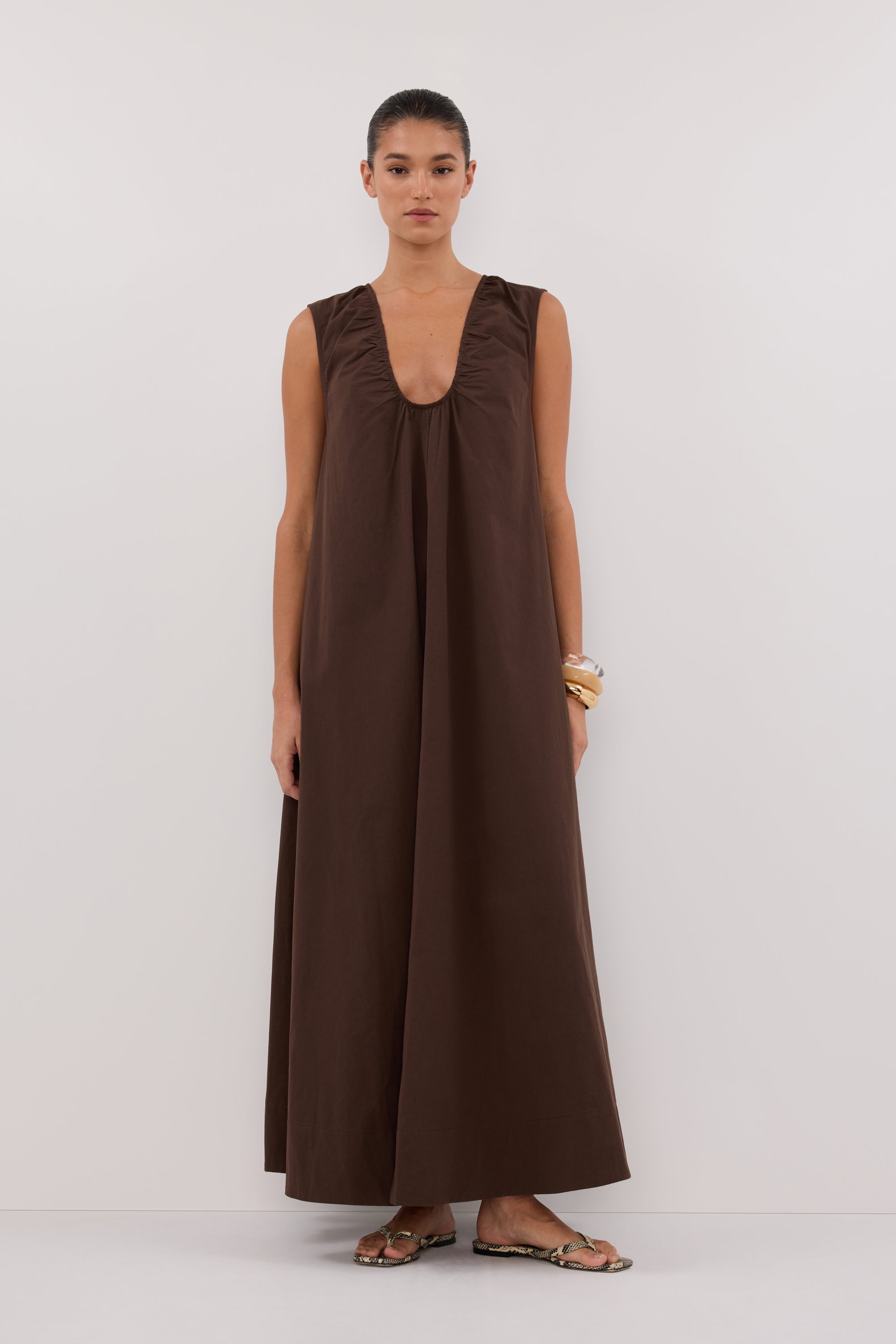 GABBY BITTER CHOC OVERSIZED COTTON MIDI DRESS
