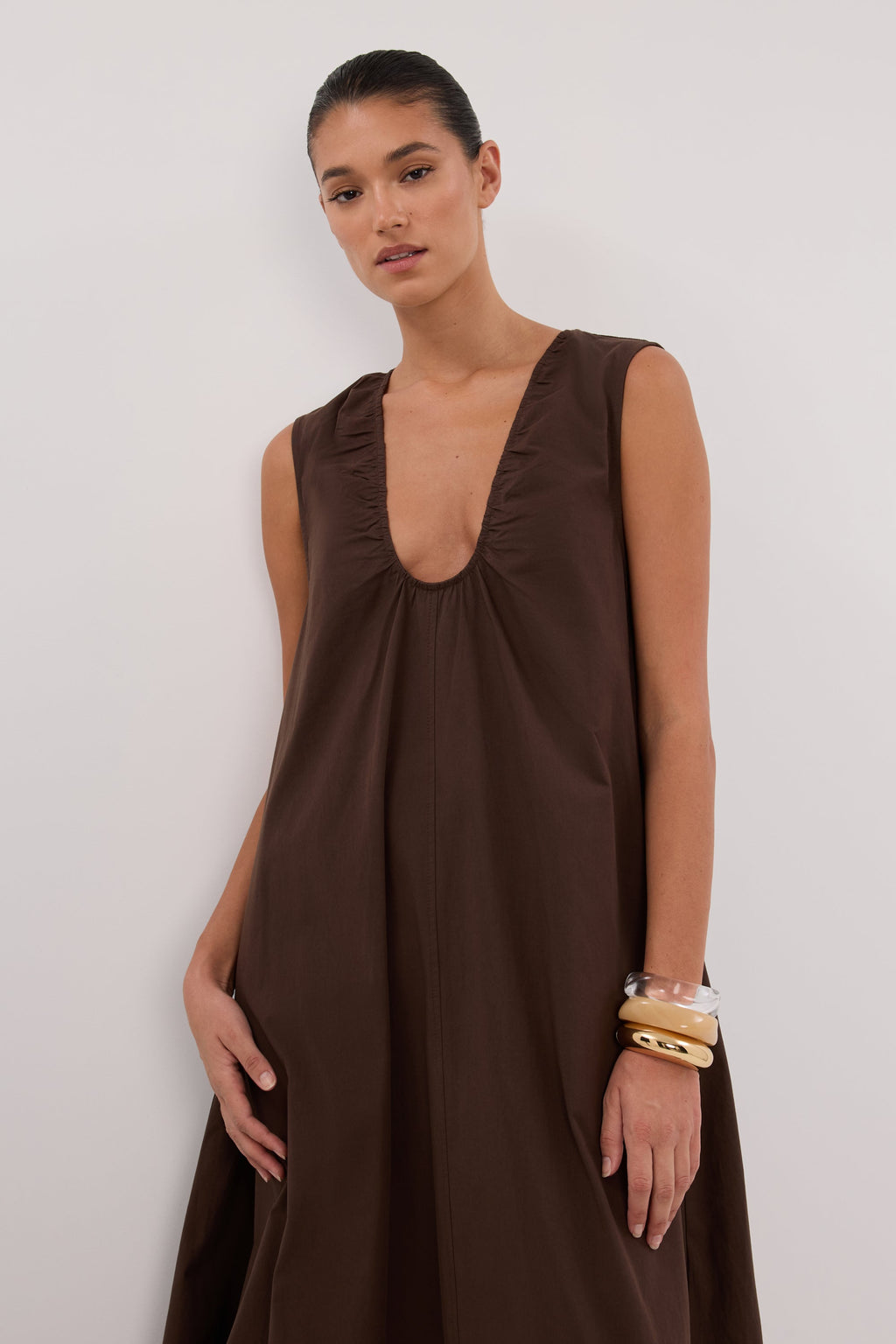 GABBY BITTER CHOC OVERSIZED COTTON MIDI DRESS