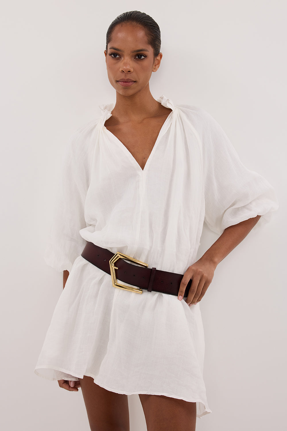 ELLIE WHITE RAMIE SMOCK MINI DRESS