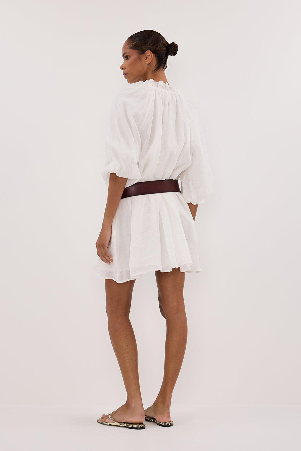 ELLIE WHITE RAMIE SMOCK MINI DRESS