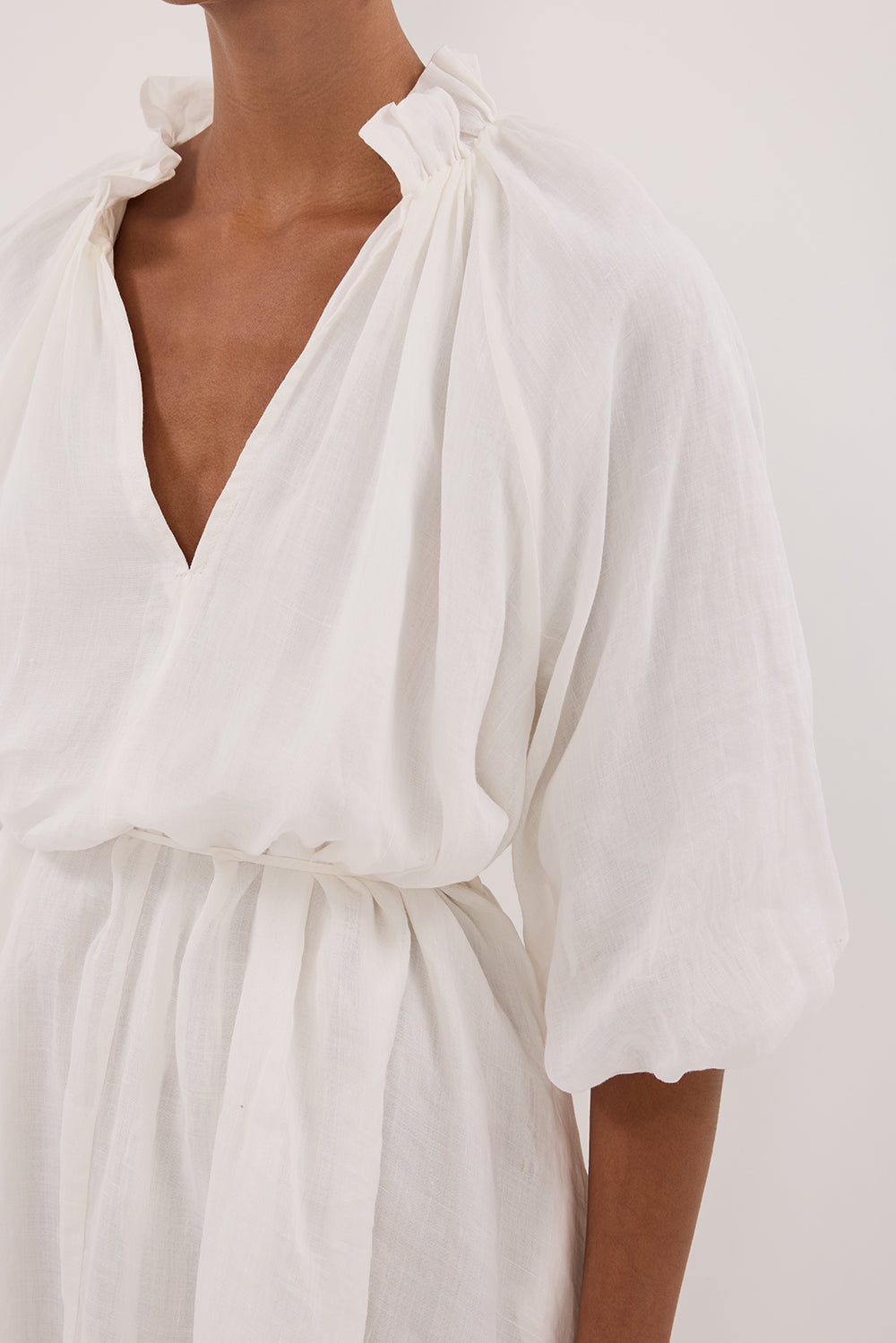 ELLIE WHITE RAMIE SMOCK MINI DRESS