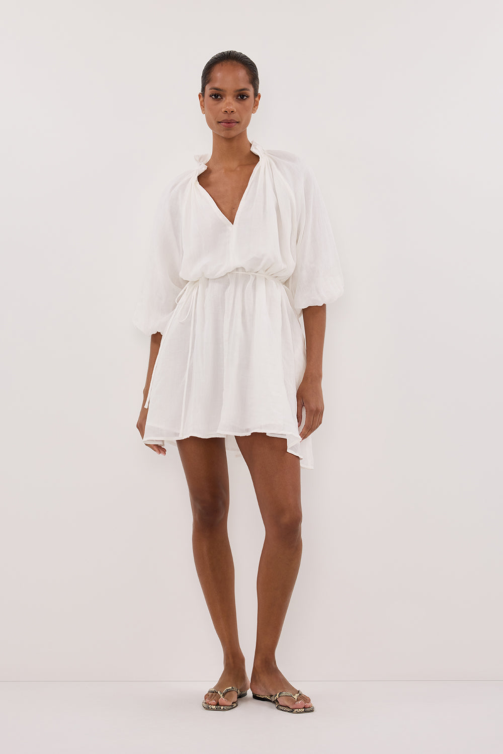 ELLIE WHITE RAMIE SMOCK MINI DRESS