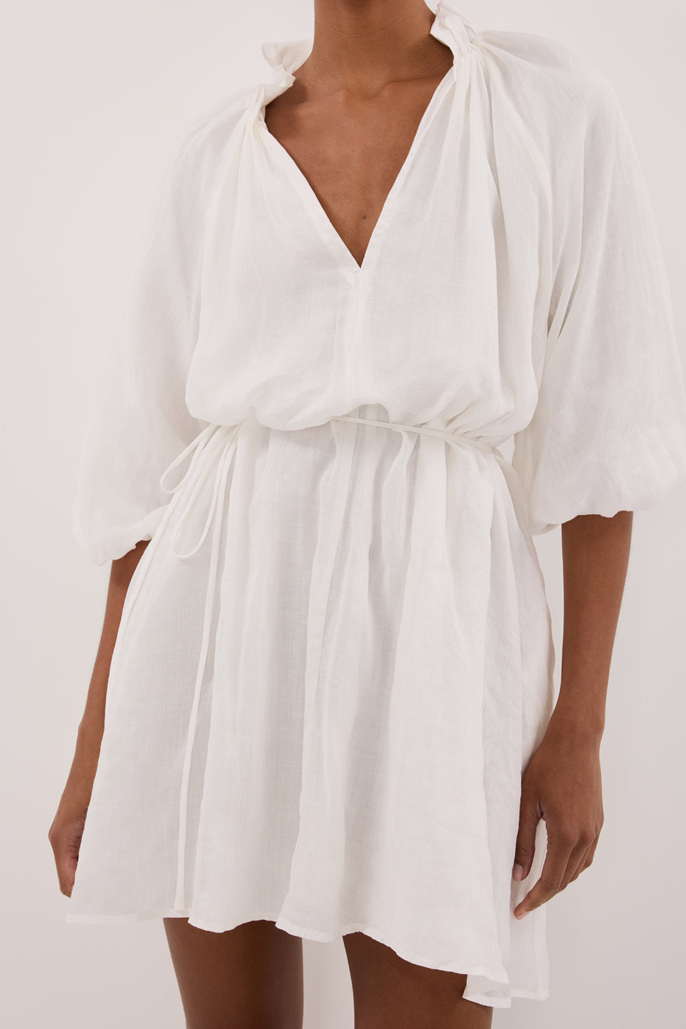 ELLIE WHITE RAMIE SMOCK MINI DRESS
