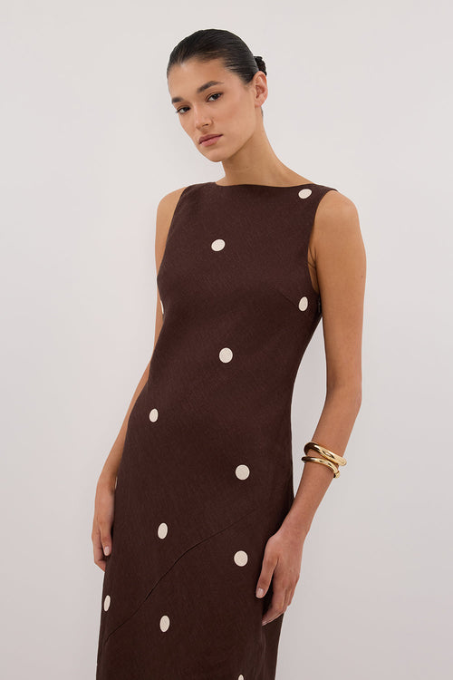 BEVERLY BITTER CHOC SPOT LINEN MIDI DRESS