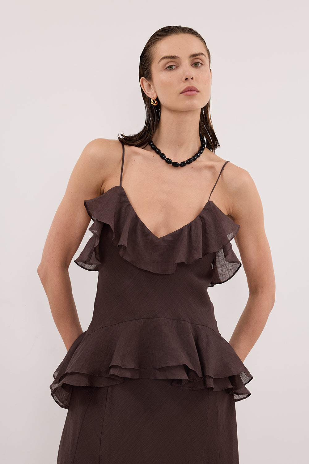 SARA DARK CHOC RAMIE MAXI DRESS