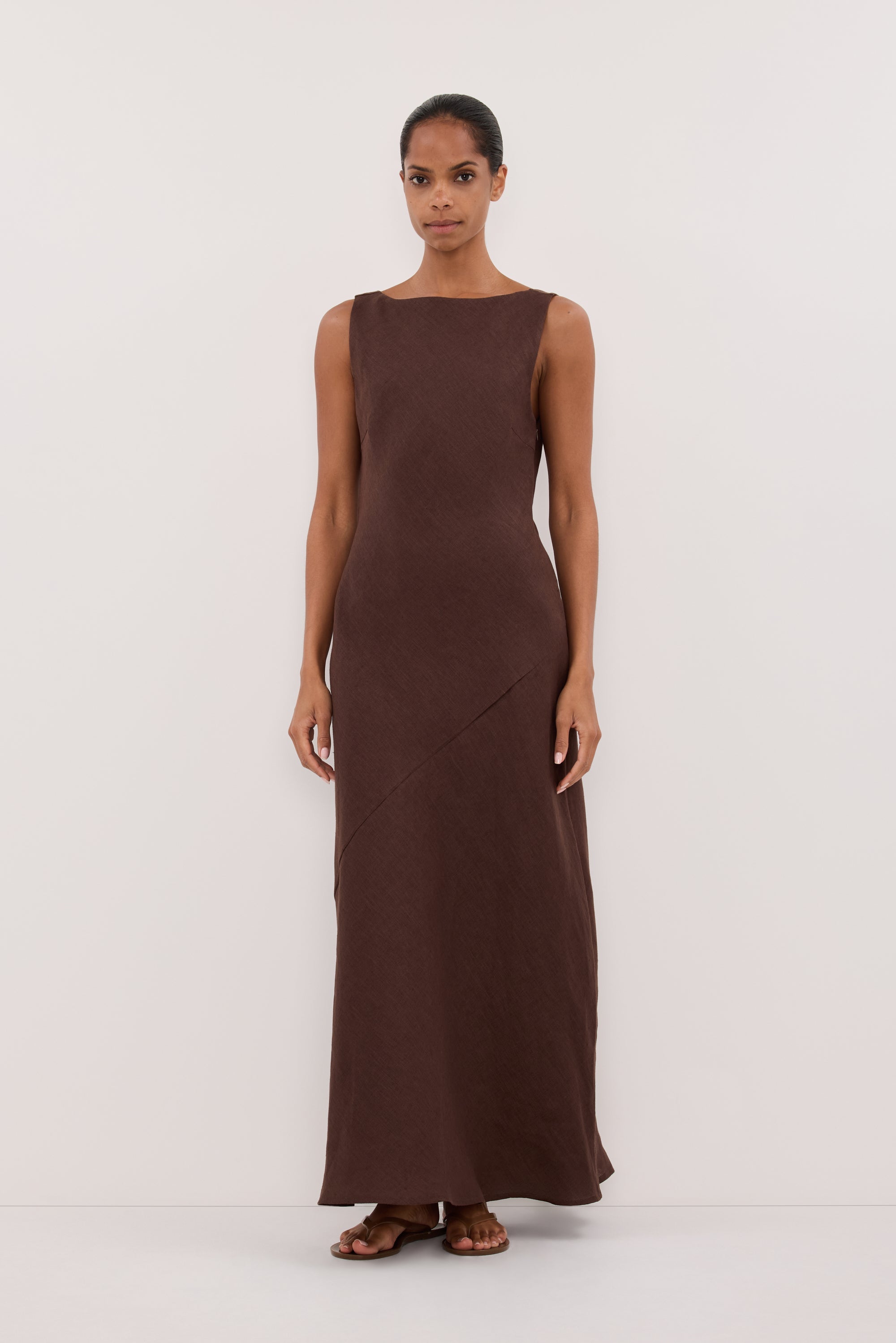 LACY COCOA SLEEVELESS LINEN MIDI DRESS