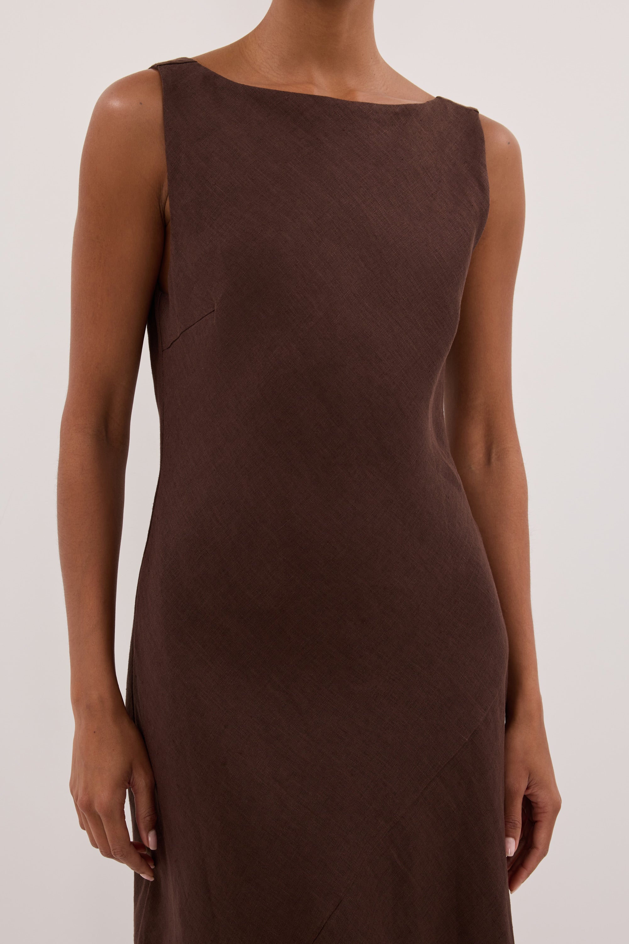 LACY COCOA SLEEVELESS LINEN MIDI DRESS