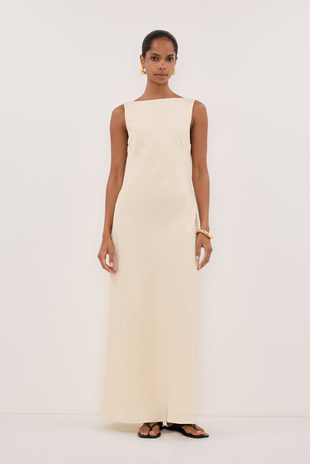 LACY STRAW SLEEVELESS LINEN MIDI DRESS