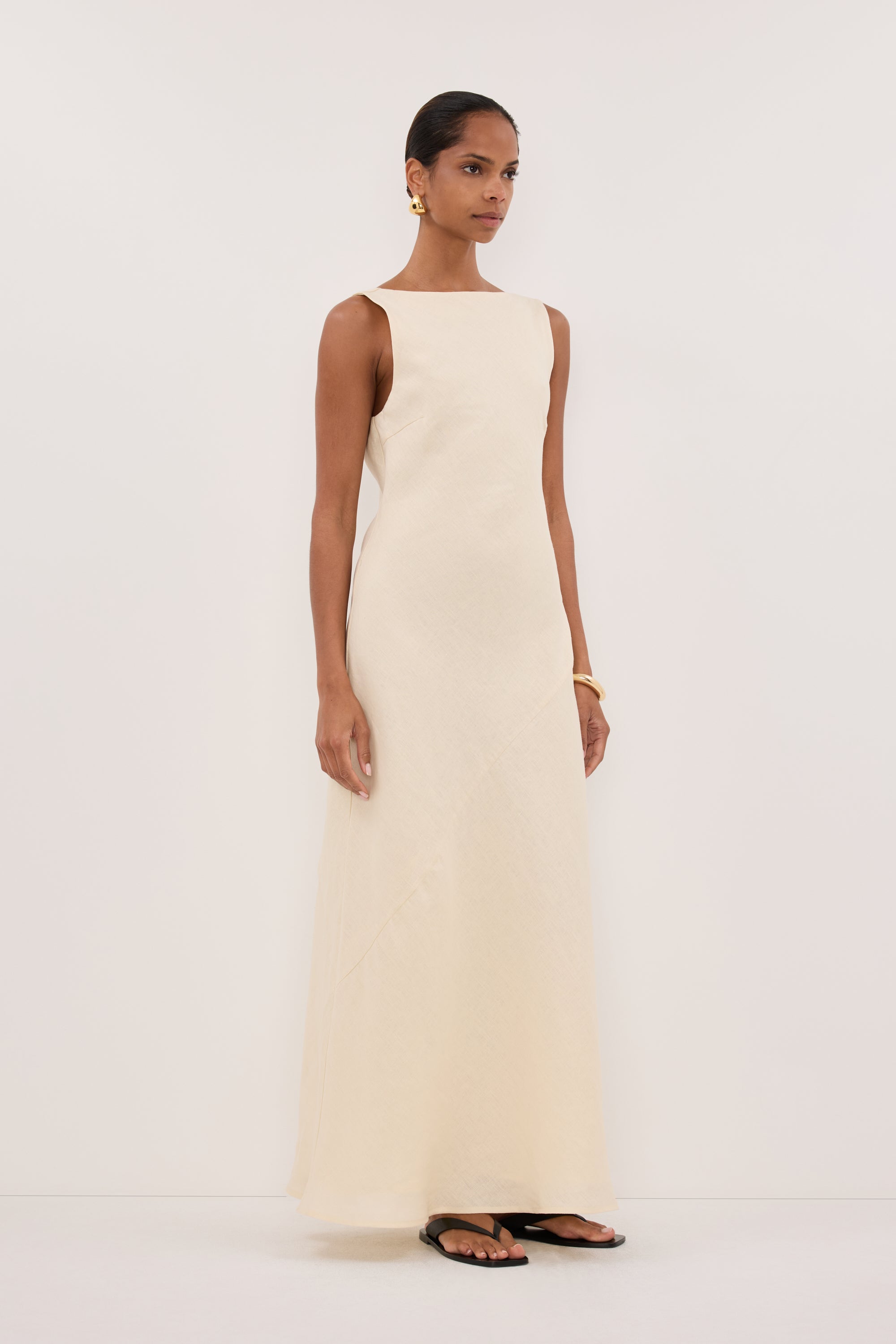 LACY STRAW SLEEVELESS LINEN MIDI DRESS