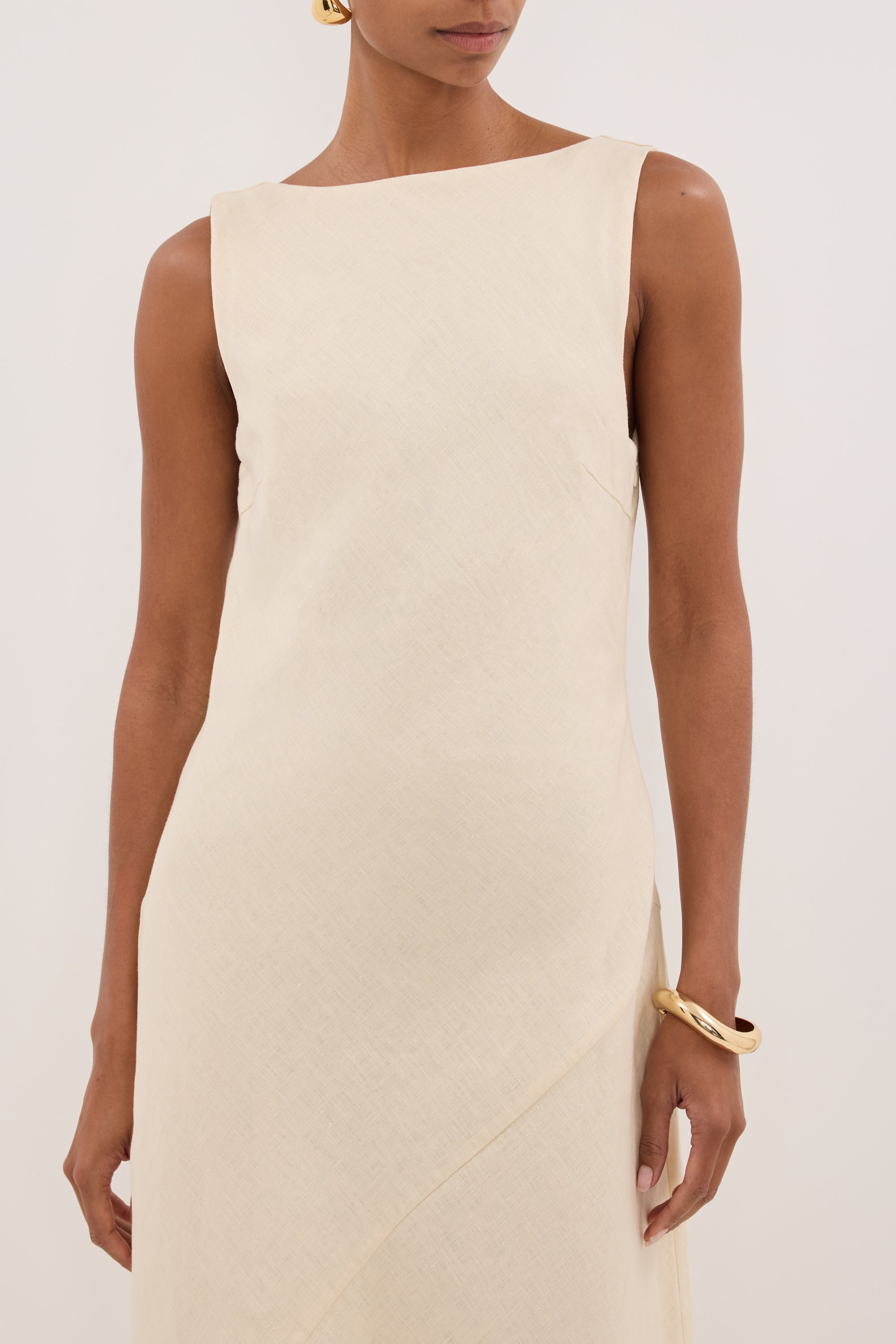 LACY STRAW SLEEVELESS LINEN MIDI DRESS