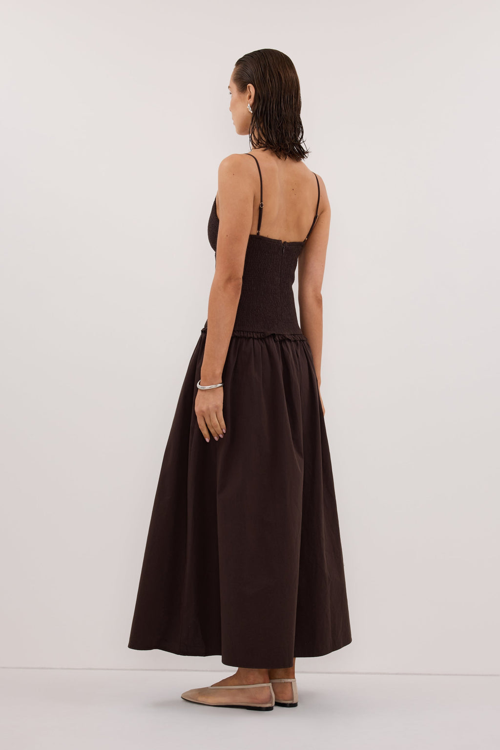 RAMONA BURNT CHOC SLEEVELESS COTTON MIDI DRESS