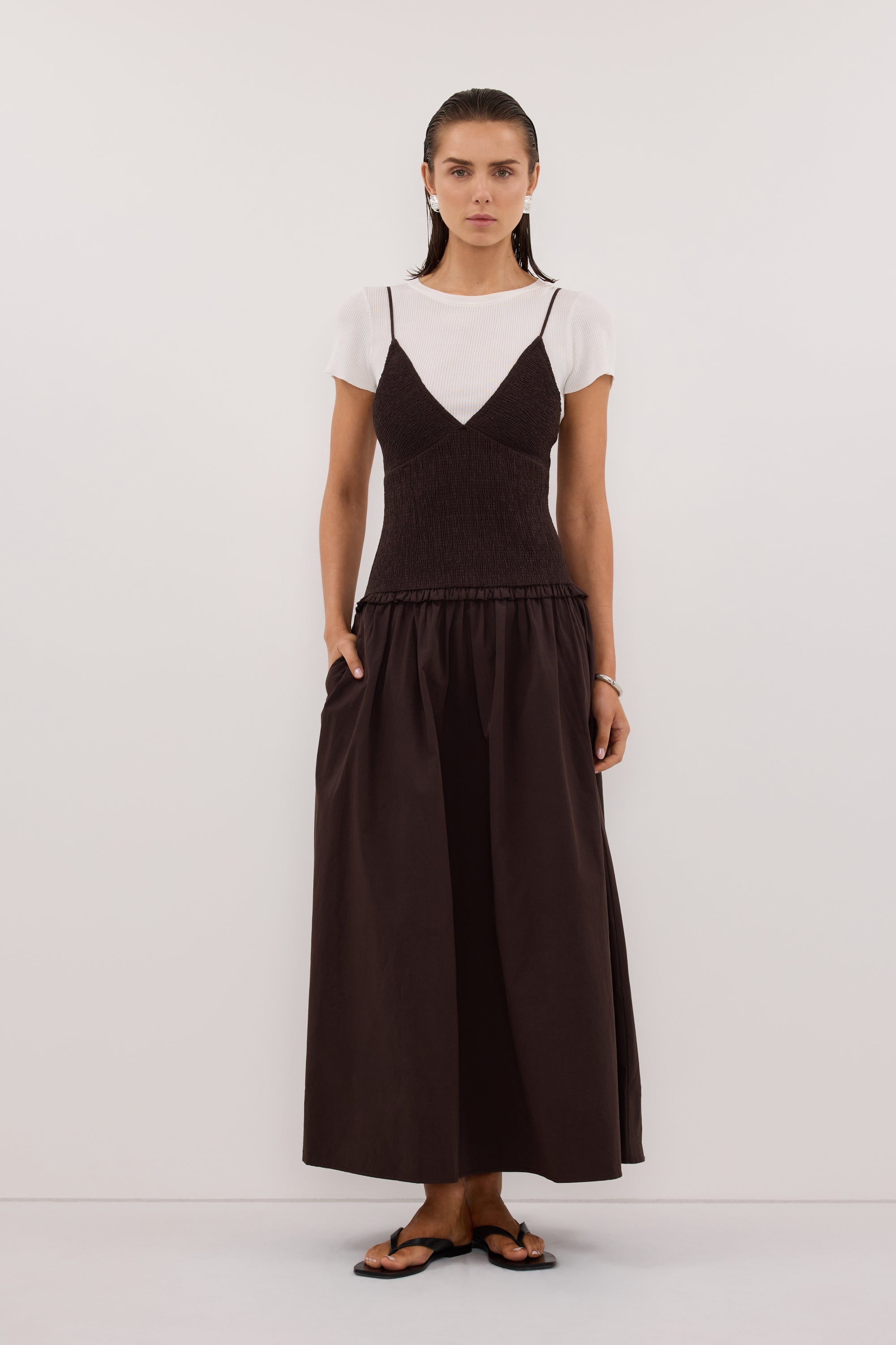 RAMONA BURNT CHOC SLEEVELESS COTTON MIDI DRESS
