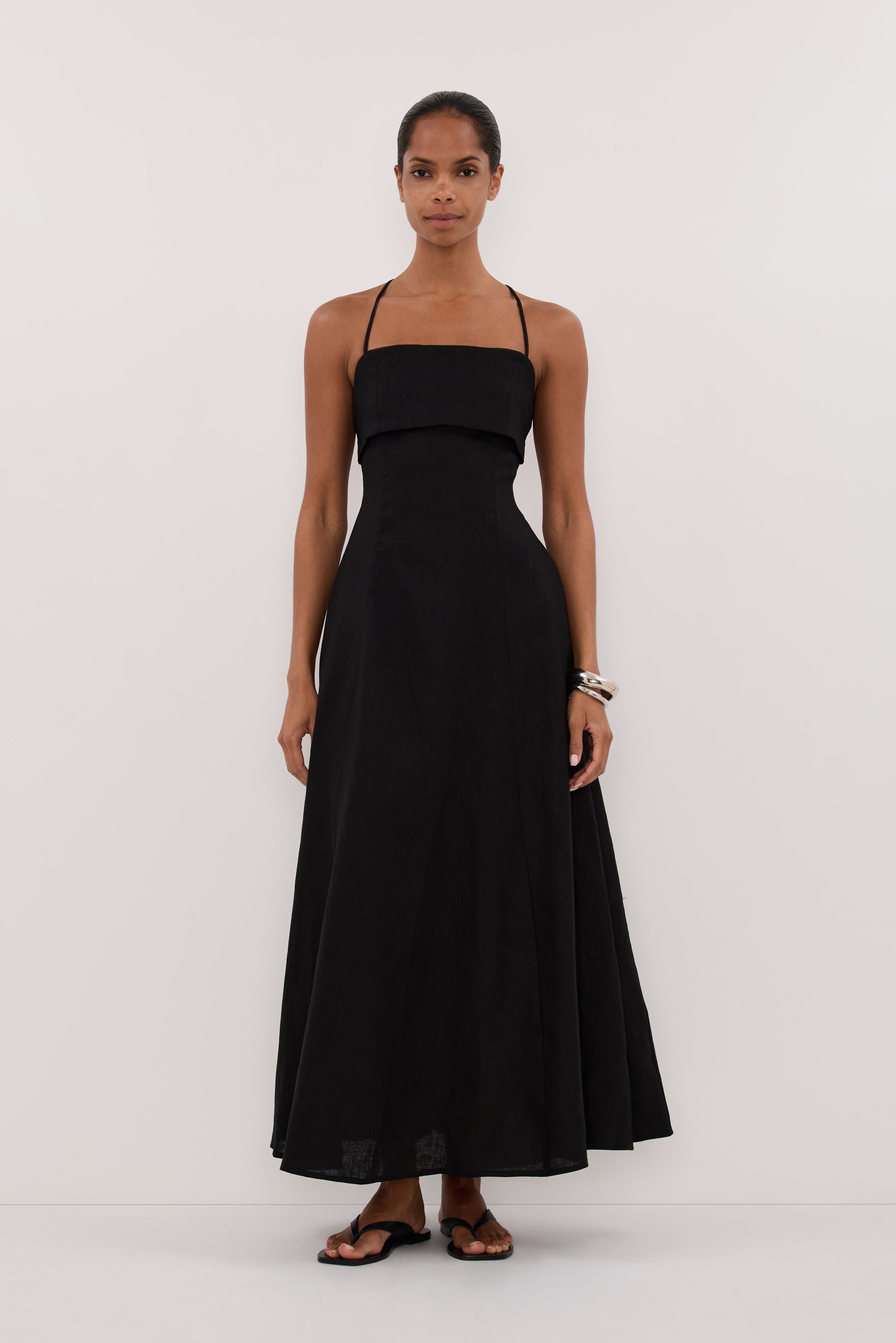DANIELLA BLACK LINEN TIE BACK MIDI DRESS