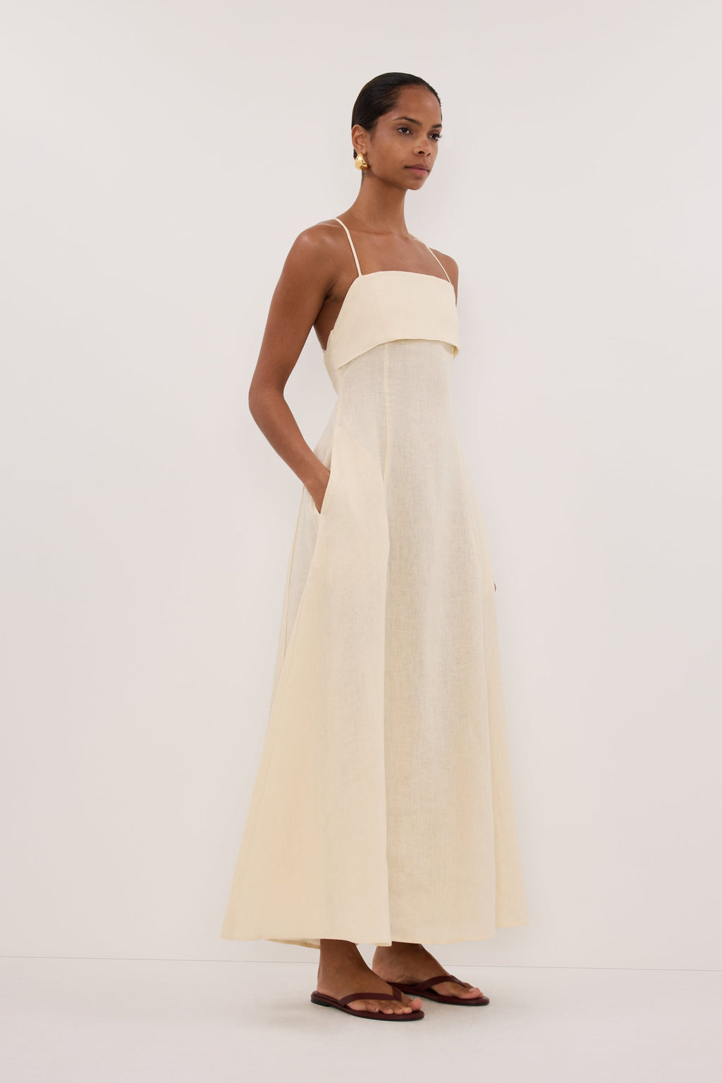 DANIELLA STRAW LINEN TIE BACK MIDI DRESS
