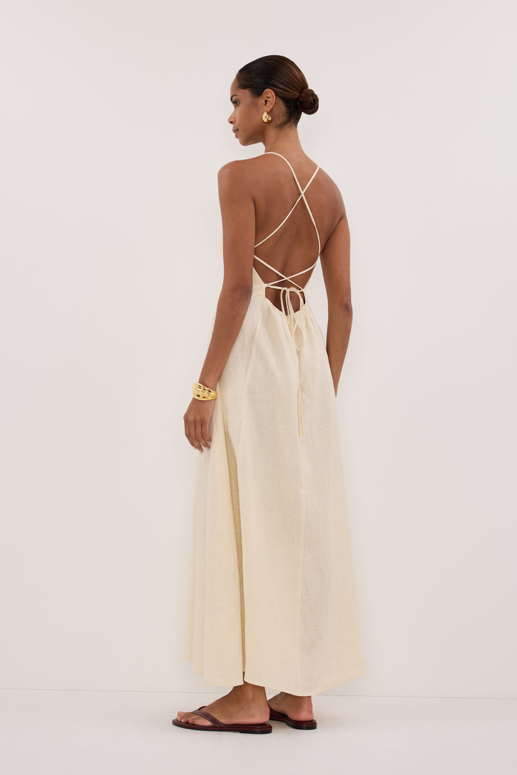 DANIELLA STRAW LINEN TIE BACK MIDI DRESS