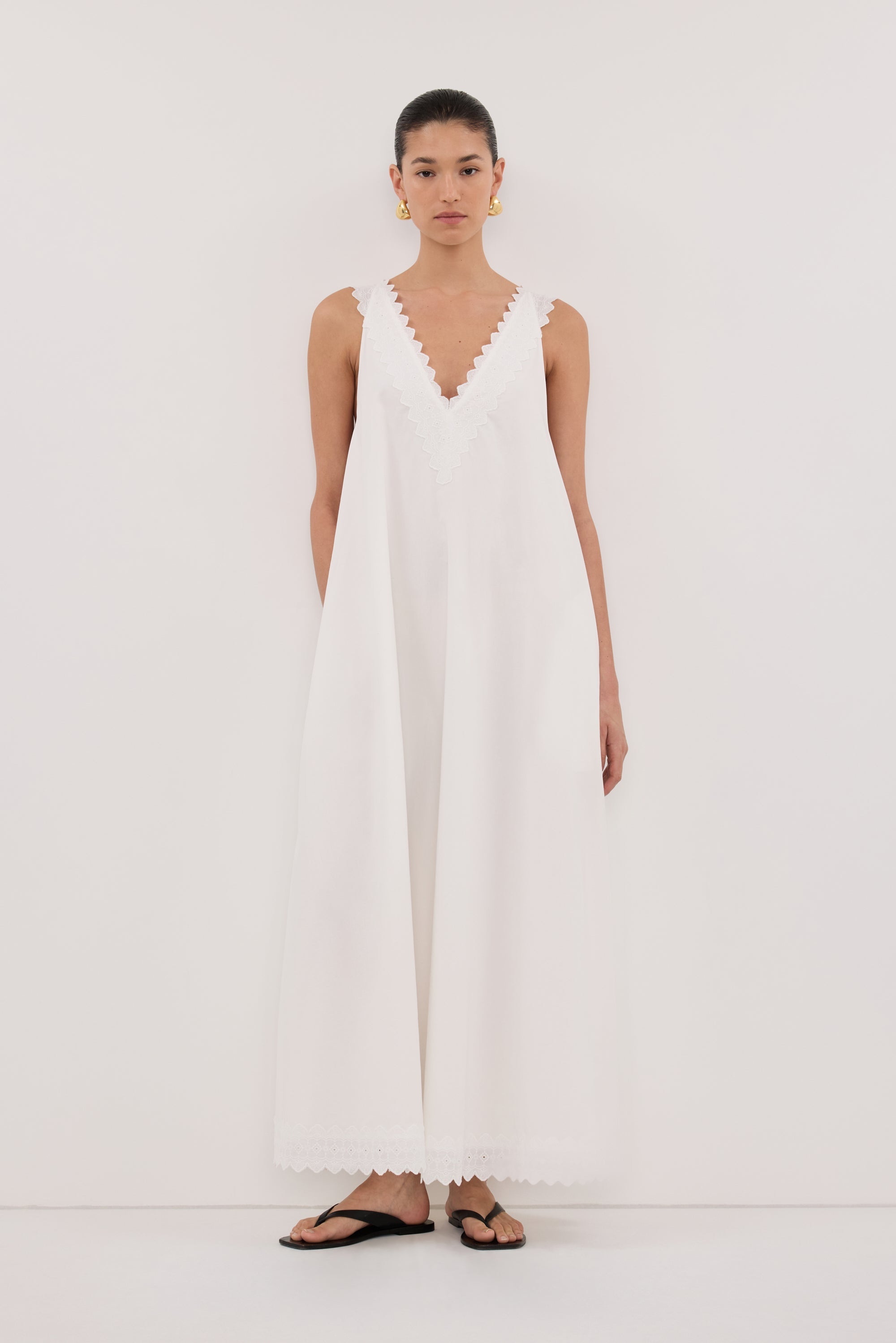 ANNABEL WHITE SLEEVELESS V NECK MIDI DRESS