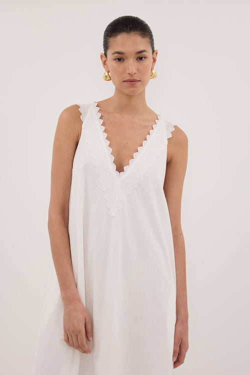 ANNABEL WHITE SLEEVELESS V NECK MIDI DRESS
