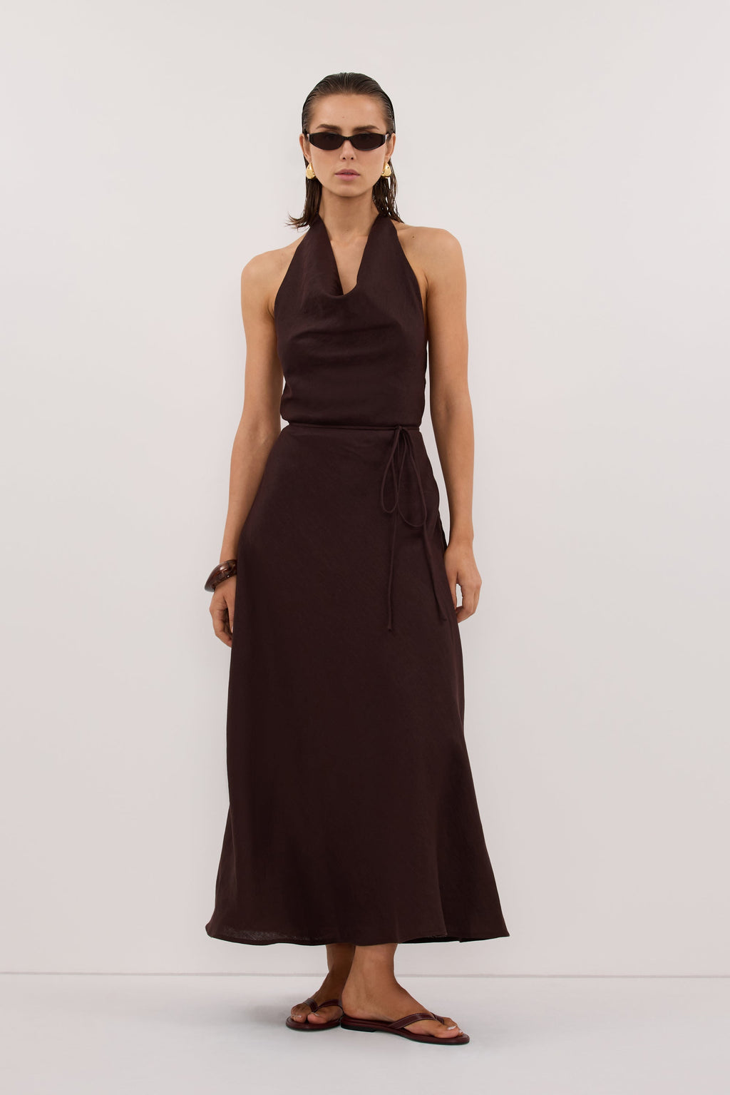 HAYLEE BURNT CHOC SLEEVELESS LINEN COWL MIDI DRESS