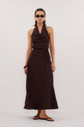 HAYLEE BURNT CHOC SLEEVELESS LINEN COWL MIDI DRESS