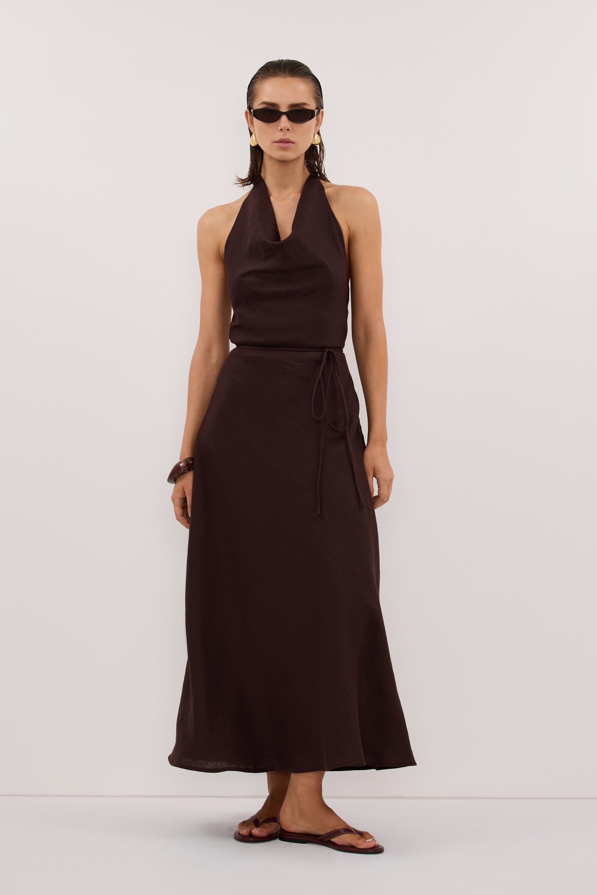 HAYLEE BURNT CHOC SLEEVELESS LINEN COWL MIDI DRESS