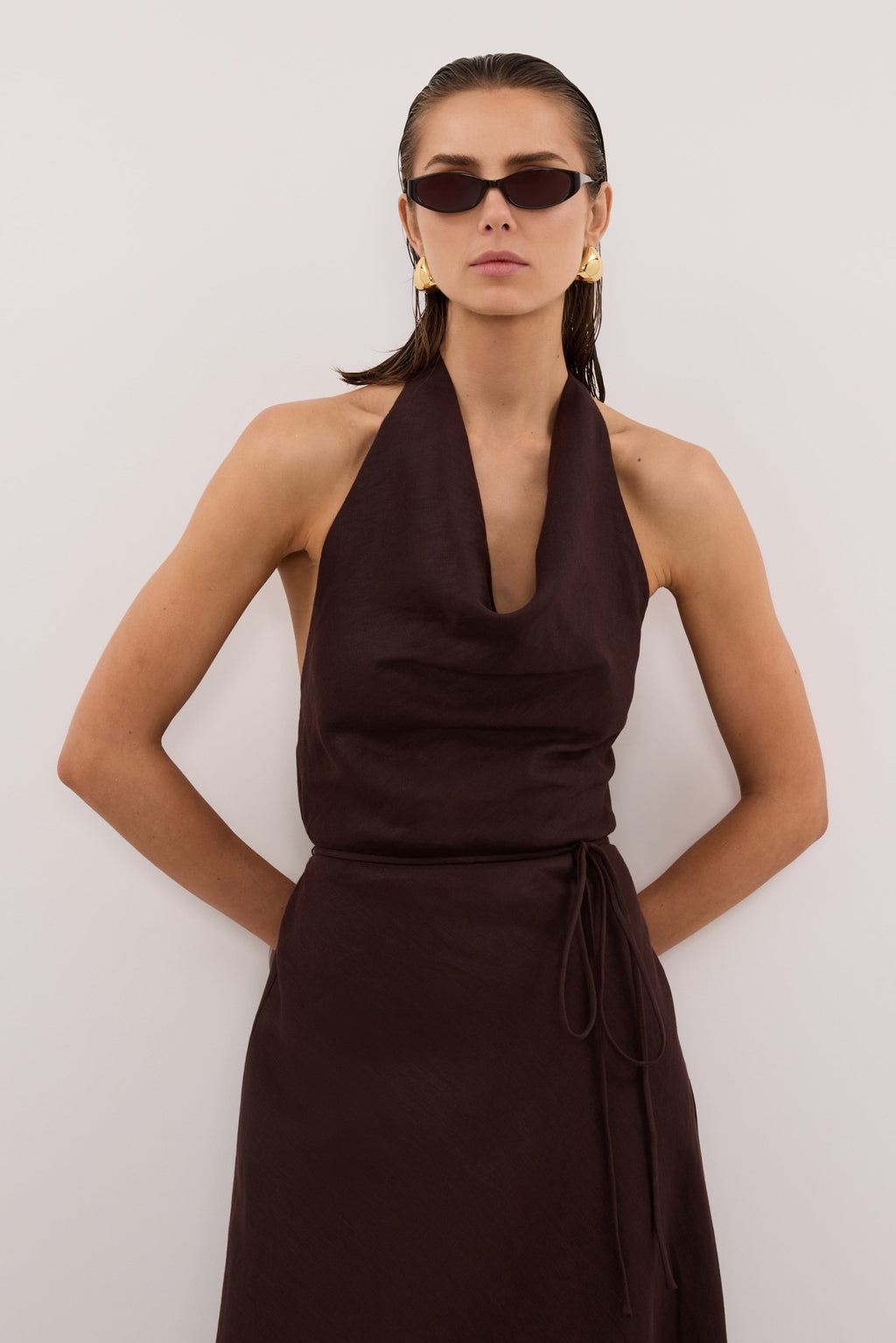HAYLEE BURNT CHOC SLEEVELESS LINEN COWL MIDI DRESS