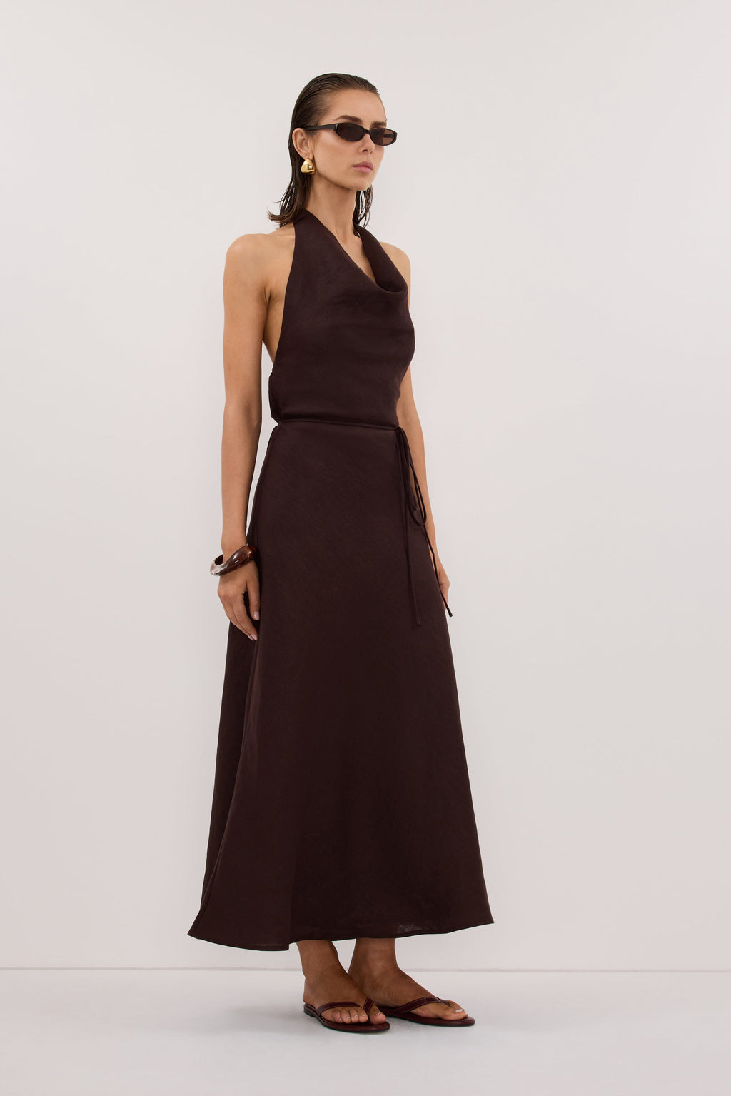 HAYLEE BURNT CHOC SLEEVELESS LINEN COWL MIDI DRESS