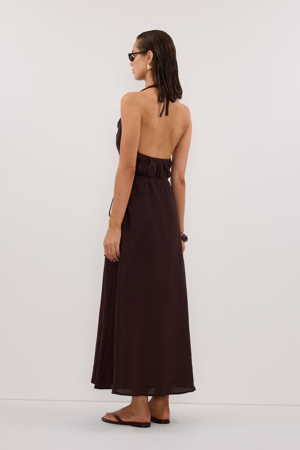 HAYLEE BURNT CHOC SLEEVELESS LINEN COWL MIDI DRESS