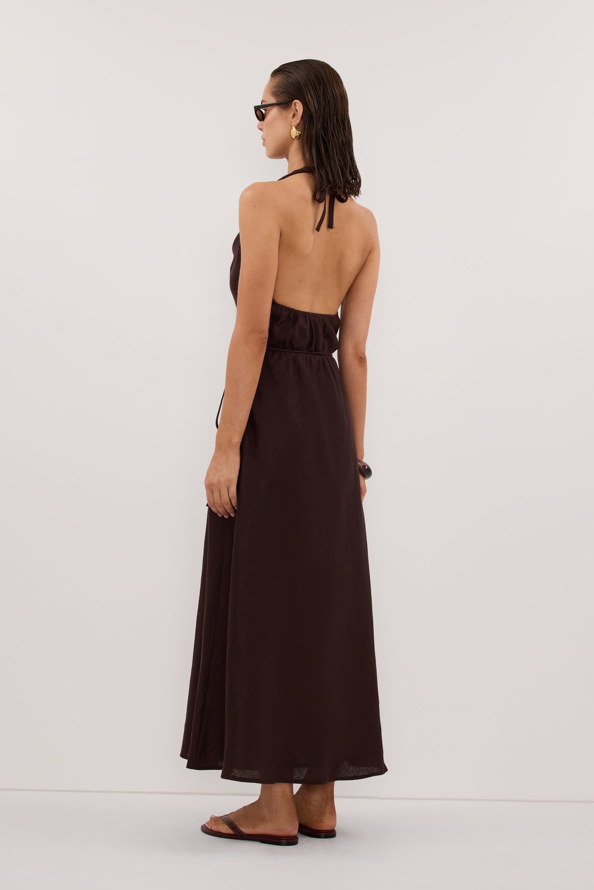 HAYLEE BURNT CHOC SLEEVELESS LINEN COWL MIDI DRESS
