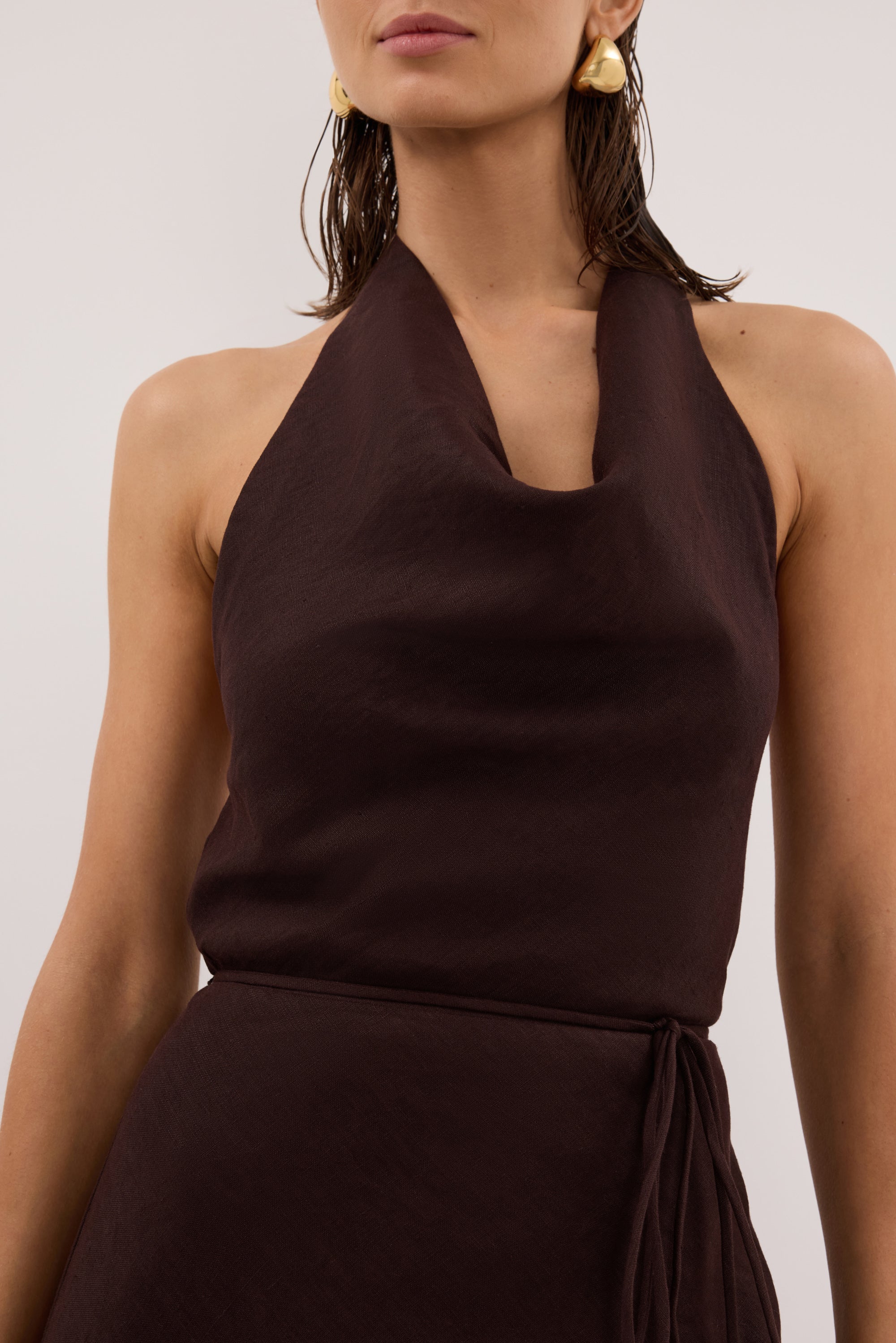 HAYLEE BURNT CHOC SLEEVELESS LINEN COWL MIDI DRESS