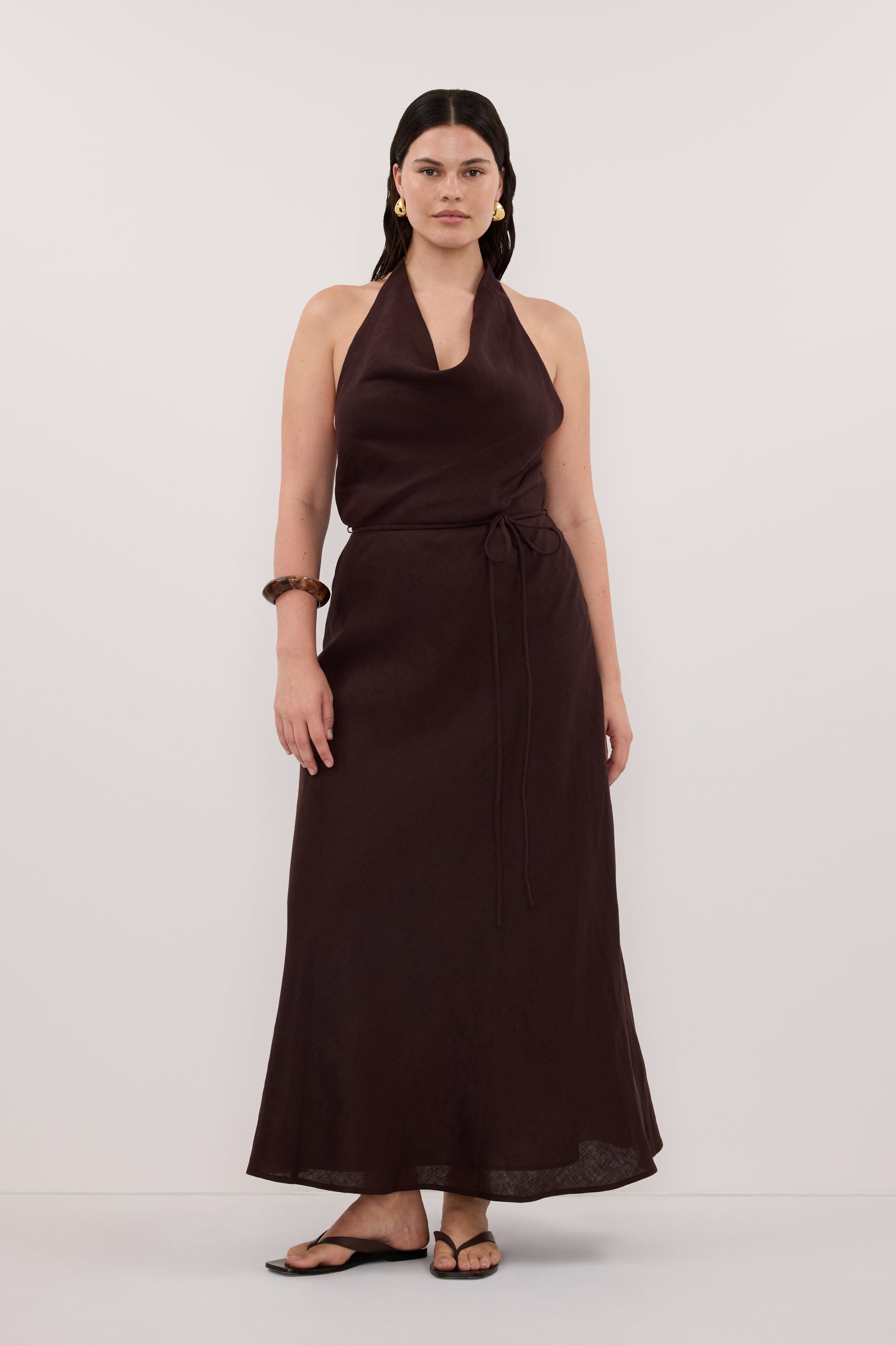 HAYLEE BURNT CHOC SLEEVELESS LINEN COWL MIDI DRESS